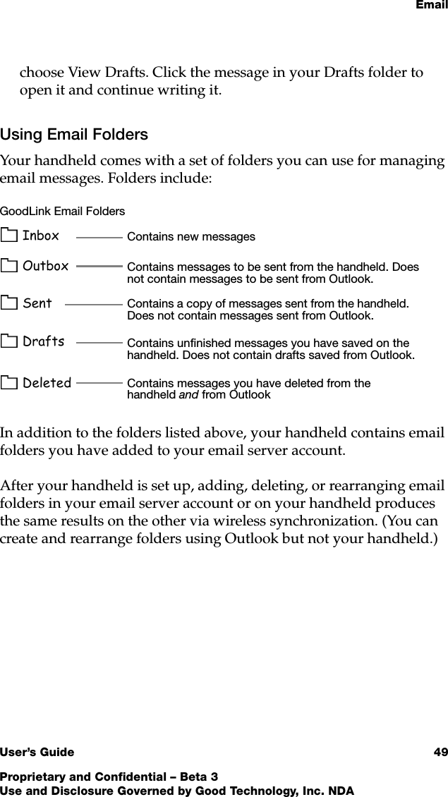EmailUser’s Guide 49Proprietary and Confidential – Beta 3Use and Disclosure Governed by Good Technology, Inc. NDAchoose View Drafts. Click the message in your Drafts folder to open it and continue writing it.Using Email FoldersYour handheld comes with a set of folders you can use for managing email messages. Folders include: In addition to the folders listed above, your handheld contains email folders you have added to your email server account. After your handheld is set up, adding, deleting, or rearranging email folders in your email server account or on your handheld produces the same results on the other via wireless synchronization. (You can create and rearrange folders using Outlook but not your handheld.)Contains messages to be sent from the handheld. Does not contain messages to be sent from Outlook.InboxOutboxSentDraftsContains new messagesContains a copy of messages sent from the handheld. Does not contain messages sent from Outlook.Contains unfinished messages you have saved on the handheld. Does not contain drafts saved from Outlook. Contains messages you have deleted from the handheld and from OutlookDeletedGoodLink Email Folders