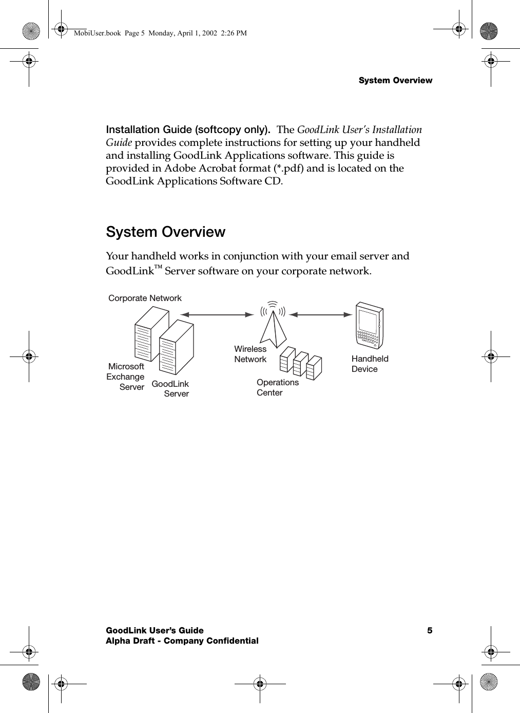 System OverviewGoodLink User’s Guide 5Alpha Draft - Company ConfidentialInstallation Guide (softcopy only).  The GoodLink User’s Installation Guide provides complete instructions for setting up your handheld and installing GoodLink Applications software. This guide is provided in Adobe Acrobat format (*.pdf) and is located on the GoodLink Applications Software CD.System OverviewYour handheld works in conjunction with your email server and GoodLink™ Server software on your corporate network. HandheldDeviceWirelessNetworkOperationsCenterMicrosoftExchangeServer GoodLinkServerCorporate NetworkMobiUser.book  Page 5  Monday, April 1, 2002  2:26 PM