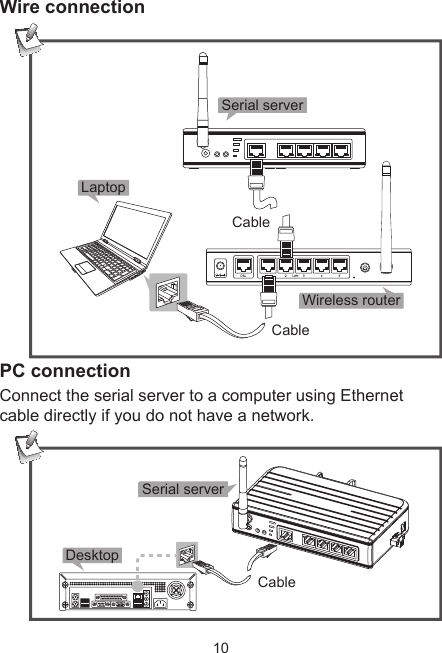 10Wire connectionCableCableSerial serverLaptopWireless routerPC connectionConnect the serial server to a computer using Ethernet cable directly if you do not have a network.CableSerial serverDesktop