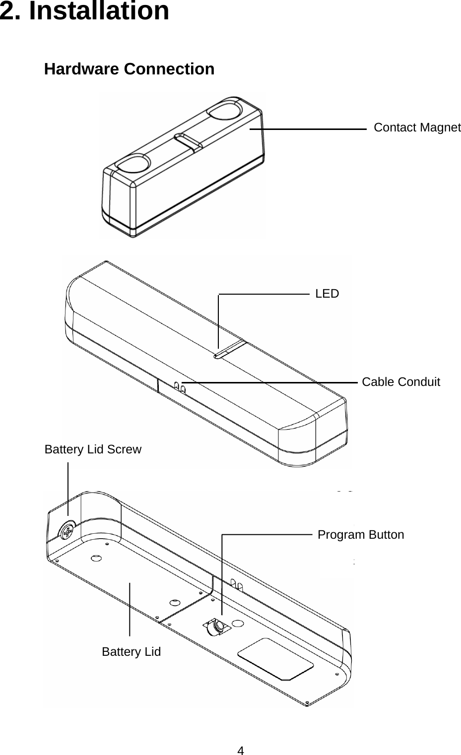  4 2. Installation Hardware Connection                                   Battery Lid Contact Magnet LED Program Button Battery Lid Screw Cable Conduit 