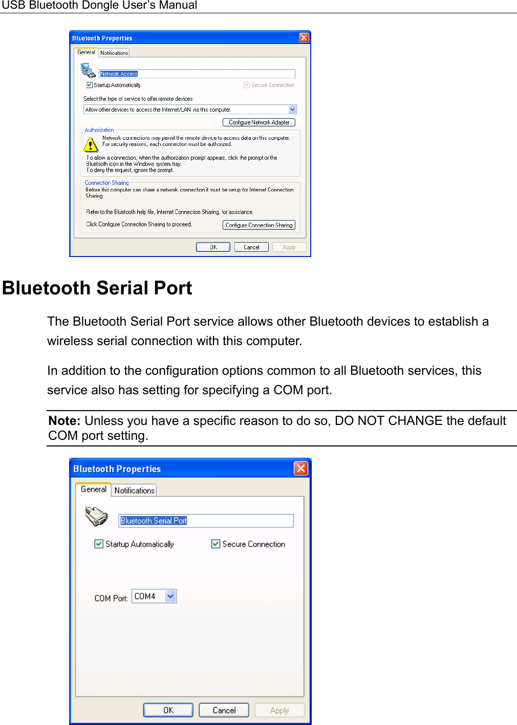 USB Bluetooth Dongle User’s Manual   Bluetooth Serial Port The Bluetooth Serial Port service allows other Bluetooth devices to establish a wireless serial connection with this computer.   In addition to the configuration options common to all Bluetooth services, this service also has setting for specifying a COM port.   Note: Unless you have a specific reason to do so, DO NOT CHANGE the default COM port setting.   