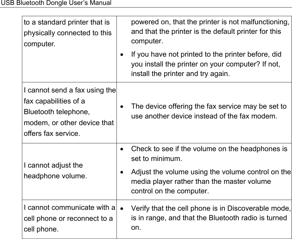 USB Bluetooth Dongle User’s Manual  to a standard printer that is physically connected to this computer.   powered on, that the printer is not malfunctioning, and that the printer is the default printer for this computer.  •  If you have not printed to the printer before, did you install the printer on your computer? If not, install the printer and try again. I cannot send a fax using the fax capabilities of a Bluetooth telephone, modem, or other device that offers fax service.   •  The device offering the fax service may be set to use another device instead of the fax modem.   I cannot adjust the headphone volume.   •  Check to see if the volume on the headphones is set to minimum.   • Adjust the volume using the volume control on the media player rather than the master volume control on the computer.   I cannot communicate with a cell phone or reconnect to a cell phone.   •  Verify that the cell phone is in Discoverable mode, is in range, and that the Bluetooth radio is turned on.   
