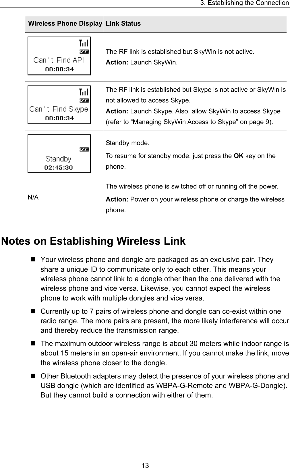 3. Establishing the Connection Wireless Phone Display  Link Status  The RF link is established but SkyWin is not active. Action: Launch SkyWin.  The RF link is established but Skype is not active or SkyWin is not allowed to access Skype. Action: Launch Skype. Also, allow SkyWin to access Skype (refer to “Managing SkyWin Access to Skype” on page 9).  Standby mode.   To resume for standby mode, just press the OK key on the phone. N/A The wireless phone is switched off or running off the power. Action: Power on your wireless phone or charge the wireless phone.   Notes on Establishing Wireless Link  Your wireless phone and dongle are packaged as an exclusive pair. They share a unique ID to communicate only to each other. This means your wireless phone cannot link to a dongle other than the one delivered with the wireless phone and vice versa. Likewise, you cannot expect the wireless phone to work with multiple dongles and vice versa.    Currently up to 7 pairs of wireless phone and dongle can co-exist within one radio range. The more pairs are present, the more likely interference will occur and thereby reduce the transmission range.  The maximum outdoor wireless range is about 30 meters while indoor range is about 15 meters in an open-air environment. If you cannot make the link, move the wireless phone closer to the dongle.  Other Bluetooth adapters may detect the presence of your wireless phone and USB dongle (which are identified as WBPA-G-Remote and WBPA-G-Dongle). But they cannot build a connection with either of them.   13 