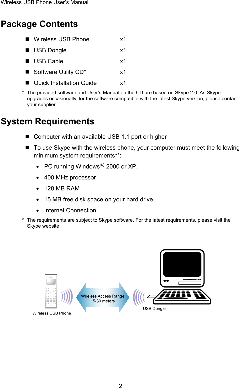 Wireless USB Phone User’s Manual Package Contents  Wireless USB Phone      x1  USB Dongle     x1  USB Cable     x1  Software Utility CD*      x1  Quick Installation Guide    x1 *  The provided software and User’s Manual on the CD are based on Skype 2.0. As Skype upgrades occasionally, for the software compatible with the latest Skype version, please contact your supplier. System Requirements  Computer with an available USB 1.1 port or higher  To use Skype with the wireless phone, your computer must meet the following minimum system requirements**: •  PC running Windows 2000 or XP. •  400 MHz processor •  128 MB RAM •  15 MB free disk space on your hard drive •  Internet Connection *  The requirements are subject to Skype software. For the latest requirements, please visit the Skype website.   2 