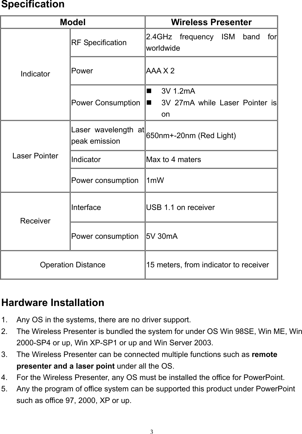  3  Specification Model Wireless Presenter RF Specification  2.4GHz frequency ISM band for worldwide Power  AAA X 2 Indicator Power Consumption  3V 1.2mA   3V 27mA while Laser Pointer is on Laser wavelength at peak emission  650nm+-20nm (Red Light) Indicator  Max to 4 maters Laser Pointer Power consumption  1mW Interface  USB 1.1 on receiver Receiver Power consumption  5V 30mA Operation Distance  15 meters, from indicator to receiver  Hardware Installation 1.  Any OS in the systems, there are no driver support. 2.  The Wireless Presenter is bundled the system for under OS Win 98SE, Win ME, Win 2000-SP4 or up, Win XP-SP1 or up and Win Server 2003. 3.  The Wireless Presenter can be connected multiple functions such as remote presenter and a laser point under all the OS. 4.  For the Wireless Presenter, any OS must be installed the office for PowerPoint. 5.  Any the program of office system can be supported this product under PowerPoint such as office 97, 2000, XP or up.  