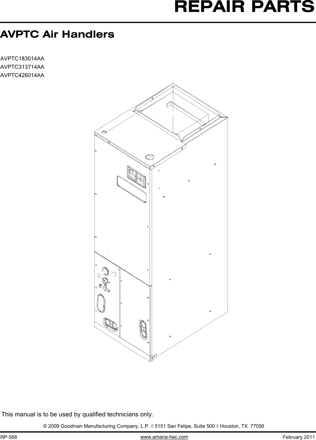 Page 1 of 6 - Goodman-Mfg Goodman-Mfg-Avptc426014Aa-Users-Manual- RPT - Parts Manual Cover  Goodman-mfg-avptc426014aa-users-manual