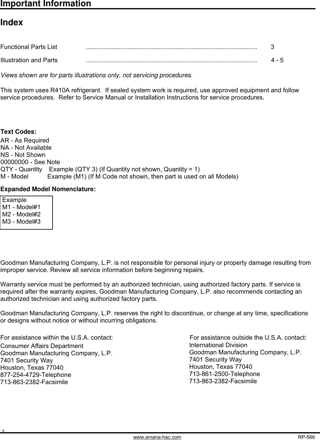 Page 2 of 6 - Goodman-Mfg Goodman-Mfg-Avptc426014Aa-Users-Manual- RPT - Parts Manual Cover  Goodman-mfg-avptc426014aa-users-manual