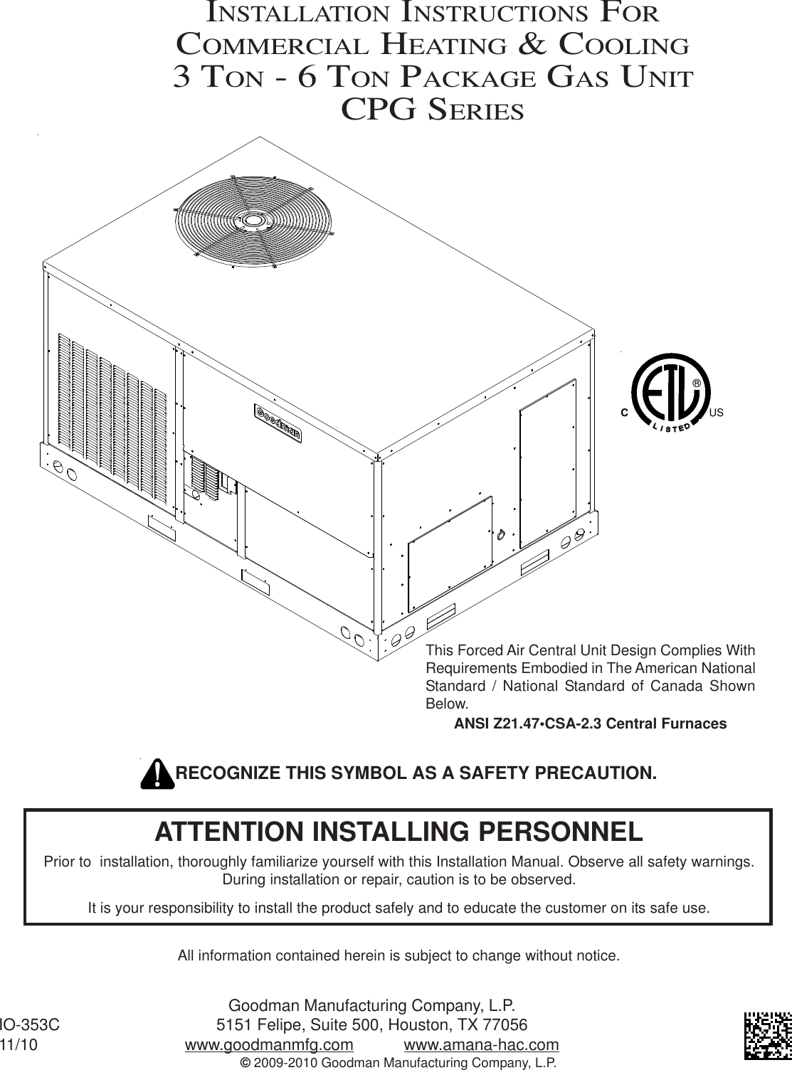 Goodman Mfg Commercial Heating And Cooling Gas Unit Cpg Series Users Manual