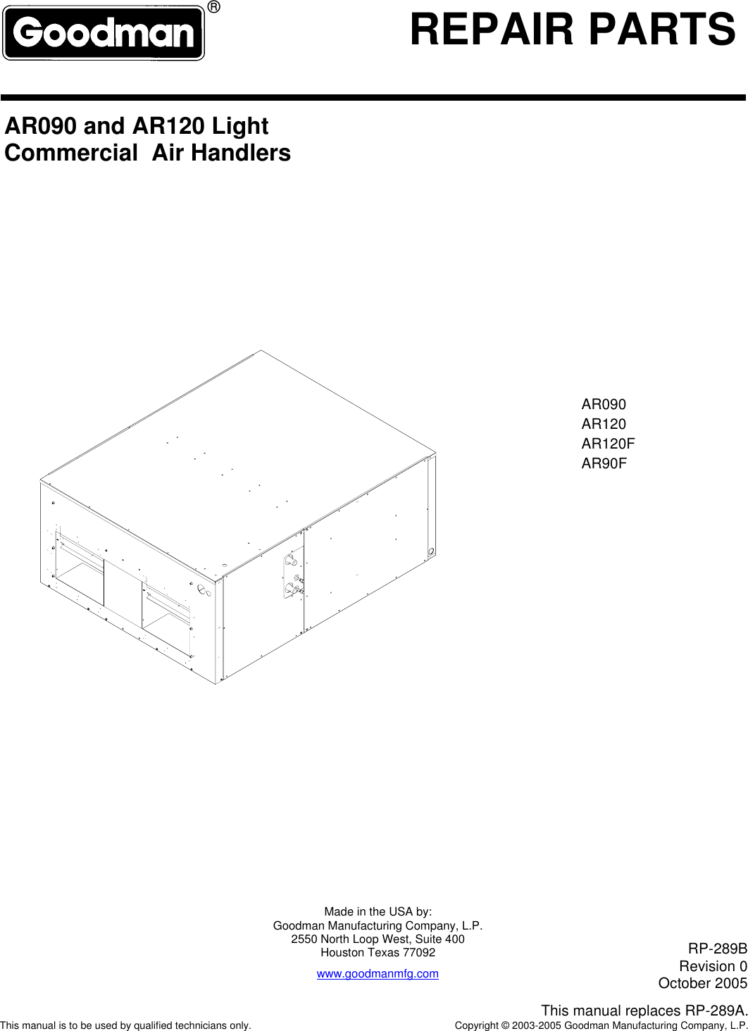 Page 1 of 9 - Goodman-Mfg Goodman-Mfg-Goodman-Mfg-Co-Lp-Wheelchair-Ar090-Users-Manual- RPT - Parts Manual Cover  Goodman-mfg-goodman-mfg-co-lp-wheelchair-ar090-users-manual