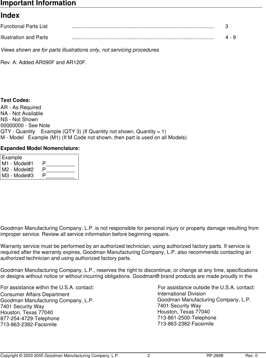 Page 2 of 9 - Goodman-Mfg Goodman-Mfg-Goodman-Mfg-Co-Lp-Wheelchair-Ar090-Users-Manual- RPT - Parts Manual Cover  Goodman-mfg-goodman-mfg-co-lp-wheelchair-ar090-users-manual