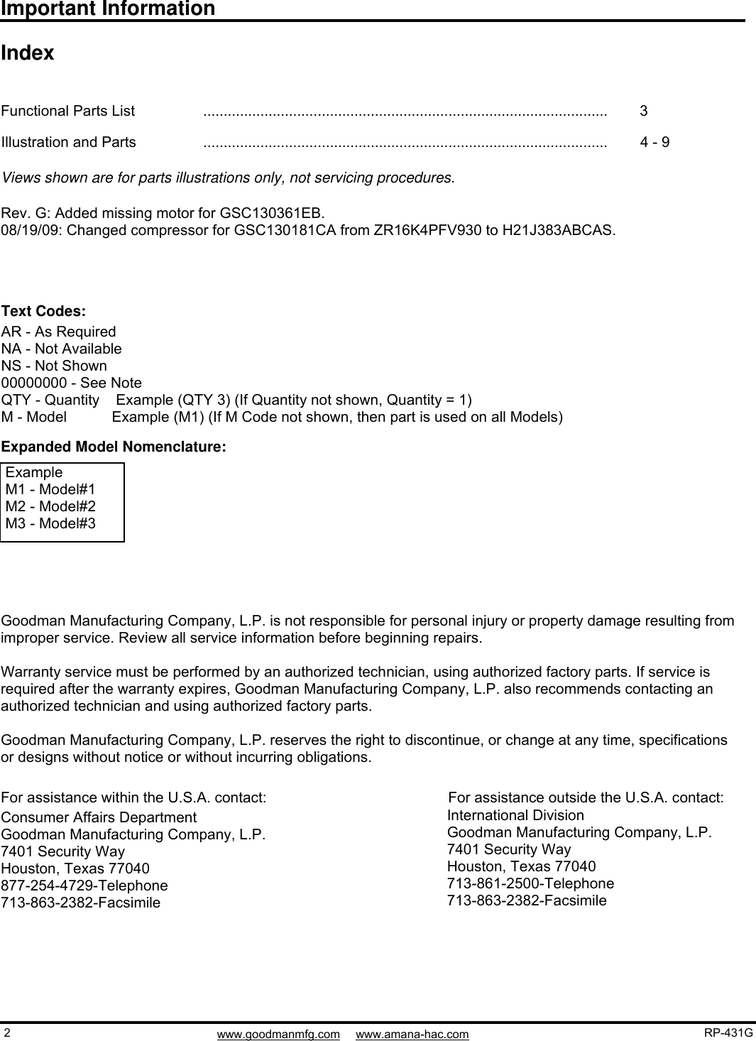 Page 2 of 9 - Goodman-Mfg Goodman-Mfg-Remote-Condensing-Units-Gsc13-Users-Manual- RPT - Parts Manual Cover  Goodman-mfg-remote-condensing-units-gsc13-users-manual