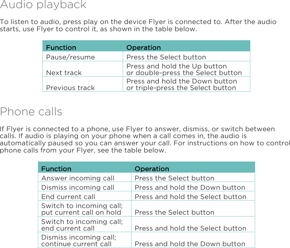  Audio playback To listen to audio, press play on the device Flyer is connected to. After the audio starts, use Flyer to control it, as shown in the table below. Function Operation Pause/resume Press the Select button Next track Press and hold the Up button  or double-press the Select button Previous track Press and hold the Down button  or triple-press the Select button Phone calls If Flyer is connected to a phone, use Flyer to answer, dismiss, or switch between calls. If audio is playing on your phone when a call comes in, the audio is automatically paused so you can answer your call. For instructions on how to control phone calls from your Flyer, see the table below. Function Operation Answer incoming call Press the Select button Dismiss incoming call Press and hold the Down button End current call Press and hold the Select button Switch to incoming call; put current call on hold Press the Select button Switch to incoming call; end current call Press and hold the Select button Dismiss incoming call; continue current call Press and hold the Down button   
