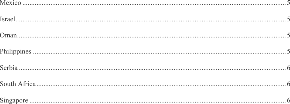     Mexico ...................................................................................................................................................... 5 Israel .......................................................................................................................................................... 5 Oman ......................................................................................................................................................... 5 Philippines ................................................................................................................................................ 5 Serbia ........................................................................................................................................................ 6 South Africa .............................................................................................................................................. 6 Singapore .................................................................................................................................................. 6  