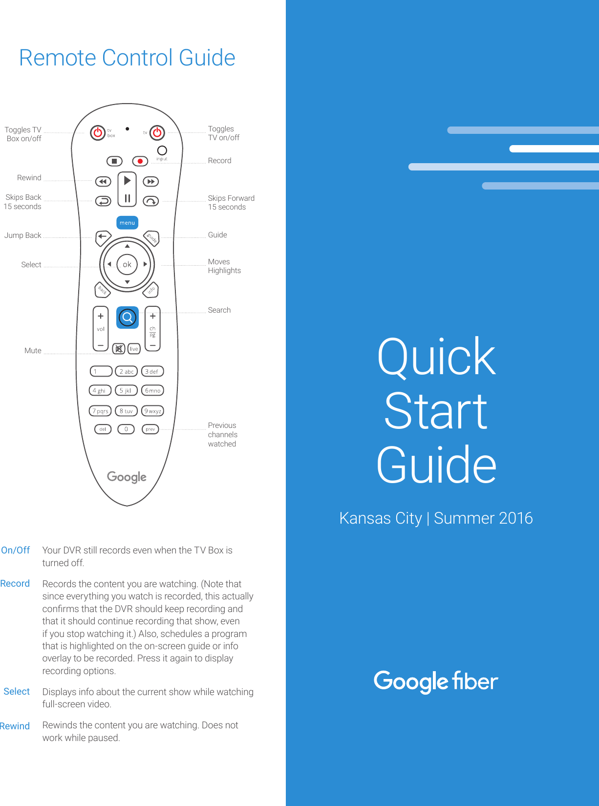 Remote Control GuideOn/Off Your DVR still records even when the TV Box is turned off.Records the content you are watching. (Note that since everything you watch is recorded, this actually conrms that the DVR should keep recording and that it should continue recording that show, even if you stop watching it.) Also, schedules a program that is highlighted on the on-screen guide or info overlay to be recorded. Press it again to display recording options. Displays info about the current show while watching full-screen video. Rewinds the content you are watching. Does not work while paused.RewindRecordSelectToggles  TV on/offRecordSkips Forward15 secondsGuideMoves  HighlightsSearchPrevious  channels watchedMuteSelectJump BackSkips Back15 secondsRewindToggles TV  Box on/offQuick Start GuideKansas City | Summer 2016