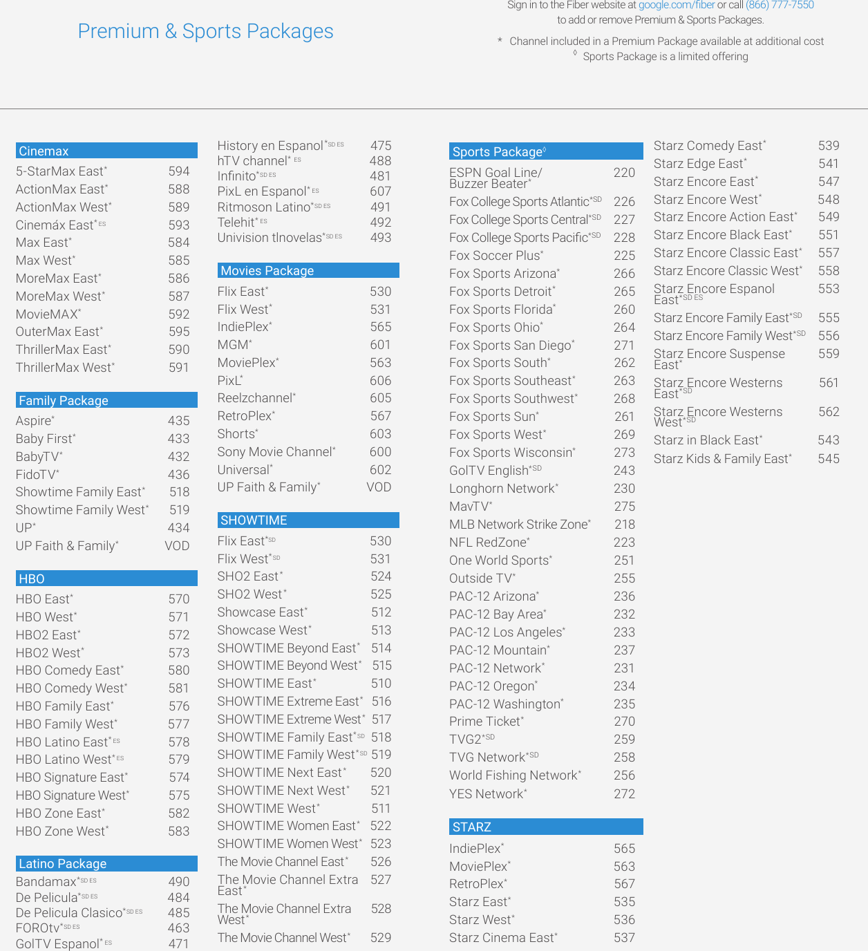 Premium &amp; Sports PackagesCinemax5-StarMax East* 594ActionMax East*  588ActionMax West*  589Cinemáx East* ES  593Max East*  584Max West*  585MoreMax East*  586MoreMax West*  587MovieMAX* 592OuterMax East* 595ThrillerMax East* 590ThrillerMax West* 591Family PackageAspire*  435Baby First*  433BabyT V*  432Fid oT V*  436Showtime Family East*  518Showtime Family West* 519UP*  434UP Faith &amp; Family* VODHBOHBO East* 570HBO West* 571HBO2 East* 572HBO2 West*  573HBO Comedy East*  580HBO Comedy West*  581HBO Family East* 576HBO Family West* 577HBO Latino East* ES  578HBO Latino West* ES 579HBO Signature East* 574HBO Signature West* 575HBO Zone East*  582HBO Zone West*  583Latino PackageBandamax*SD ES 490De Pelicula*SD ES  484De Pelicula Clasico*SD ES  485FOROtv*SD ES  463GolTV Espanol* ES 471History en Espanol*SD ES 475hTV channel* ES  488Innito*SD ES  481PixL en Espanol* ES 607Ritmoson Latino*SD ES 491Telehit* ES 492Univision tlnovelas*SD ES  493Movies PackageFlix East*   530Flix West*   531IndiePlex*   565MGM* 601MoviePlex*   563PixL*   606Reelzchannel*   605RetroPlex*   567Shorts*   603Sony Movie Channel*   600Universal*   602UP Faith &amp; Family*   VODSHOWTIMEFlix East*SD  530Flix West*SD  531SHO2 East* 524SHO2 West * 525 Showcase East* 512Showcase West*  513SHOWTIME Beyond East* 514SHOWTIME Beyond West* 515 SHOWTIME East* 510SHOWTIME Extreme East* 516SHOWTIME Extreme West* 517SHOWTIME Family East*SD  518SHOWTIME Family West*SD 519SHOWTIME Next East* 520SHOWTIME Next West* 521SHOWTIME West* 511SHOWTIME Women East* 522SHOWTIME Women West*  523The Movie Channel East* 526The Movie Channel Extra  527 East*The Movie Channel Extra   528 West*The Movie Channel West* 529Sports Package◊ESPN Goal Line/  220 Buzzer Beater*Fox College Sports Atlantic*SD 226Fox College Sports Central*SD 227Fox College Sports Pacic*SD  228Fox Soccer Plus* 225Fox Sports Arizona* 266Fox Sports Detroit* 265Fox Sports Florida* 260Fox Sports Ohio* 264Fox Sports San Diego* 271Fox Sports South* 262Fox Sports Southeast*  263Fox Sports Southwest*  268Fox Sports Sun* 261Fox Sports West* 269Fox Sports Wisconsin*  273GolTV English*SD  243Longhorn Network*  230MavT V * 275MLB Network Strike Zone*  218NFL RedZone*  223One World Sports* 251Outside TV* 255PAC-12 Arizona*  236PAC-12 Bay Area*  232PAC-12 Los Angeles*  233PAC-12 Mountain*  237PAC-12 Network*  231PAC-12 Oregon*  234PAC-12 Washington*  235Prime Ticket* 270TVG2*SD 259TVG Network*SD  258World Fishing Network* 256YES Network* 272STARZIndiePlex* 565MoviePlex*  563RetroPlex* 567Starz East*  535Starz West*  536Starz Cinema East*  537Starz Comedy East*  539Starz Edge East* 541Starz Encore East* 547Starz Encore West*  548Starz Encore Action East* 549Starz Encore Black East* 551Starz Encore Classic East* 557Starz Encore Classic West*  558Starz Encore Espanol   553 East*SD ES Starz Encore Family East*SD 555Starz Encore Family West*SD 556Starz Encore Suspense   559 East* Starz Encore Westerns   561 East*SD Starz Encore Westerns   562 West*SDStarz in Black East*  543Starz Kids &amp; Family East* 545Sign in to the Fiber website at google.com/ber or call (866) 777-7550 to add or remove Premium &amp; Sports Packages.*   Channel included in a Premium Package available at additional cost ◊    Sports Package is a limited offering