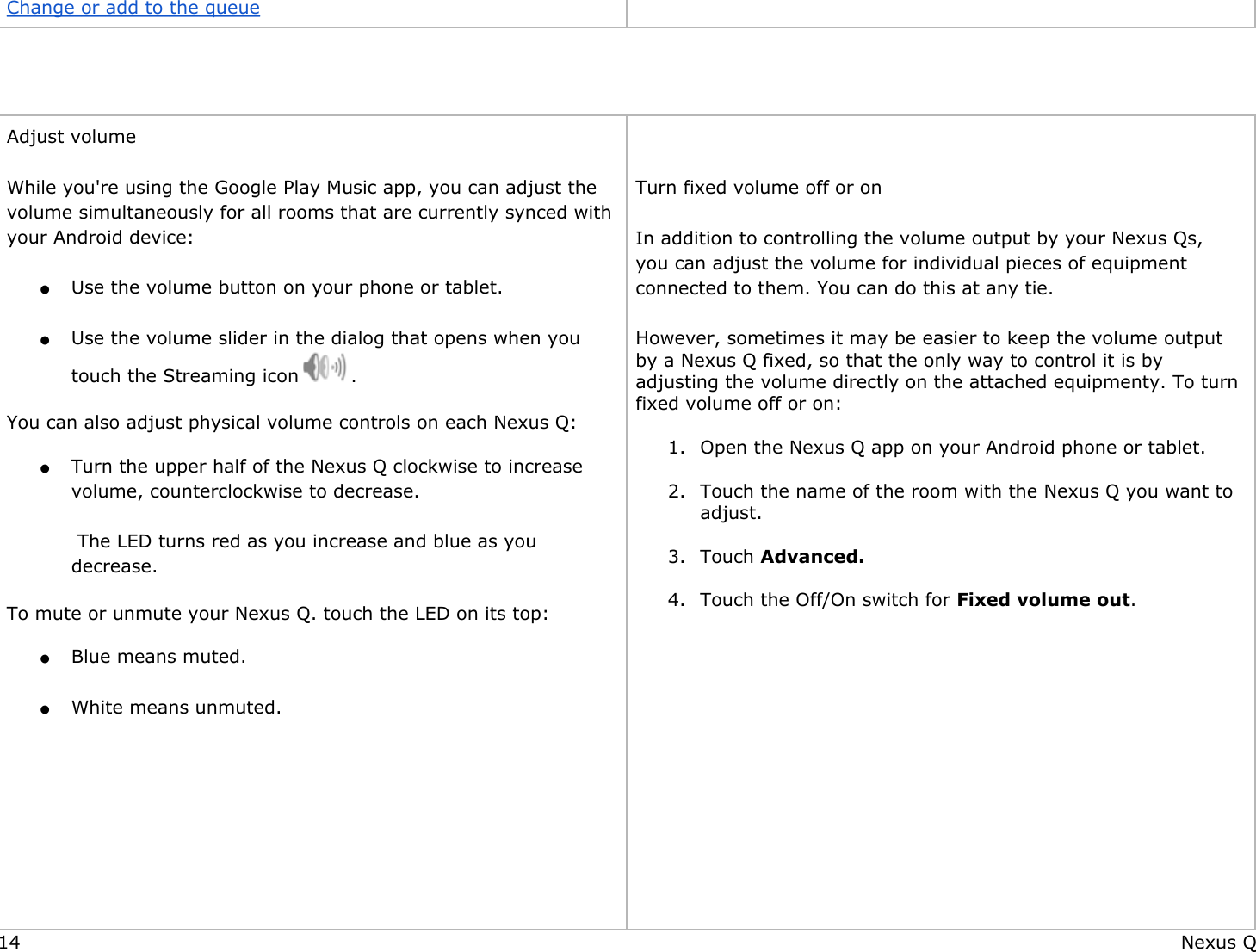 Change or add to the queue    Adjust volume While you&apos;re using the Google Play Music app, you can adjust the volume simultaneously for all rooms that are currently synced with your Android device: ●Use the volume button on your phone or tablet. ●Use the volume slider in the dialog that opens when you touch the Streaming icon   . You can also adjust physical volume controls on each Nexus Q: ●Turn the upper half of the Nexus Q clockwise to increase volume, counterclockwise to decrease. The LED turns red as you increase and blue as you decrease. To mute or unmute your Nexus Q. touch the LED on its top: ●Blue means muted. ●White means unmuted.           Turn fixed volume off or on In addition to controlling the volume output by your Nexus Qs, you can adjust the volume for individual pieces of equipment connected to them. You can do this at any tie. However, sometimes it may be easier to keep the volume output by a Nexus Q fixed, so that the only way to control it is by adjusting the volume directly on the attached equipmenty. To turn fixed volume off or on: 1. Open the Nexus Q app on your Android phone or tablet. 2. Touch the name of the room with the Nexus Q you want to adjust. 3. Touch Advanced.  4. Touch the Off/On switch for Fixed volume out.        14 Nexus Q