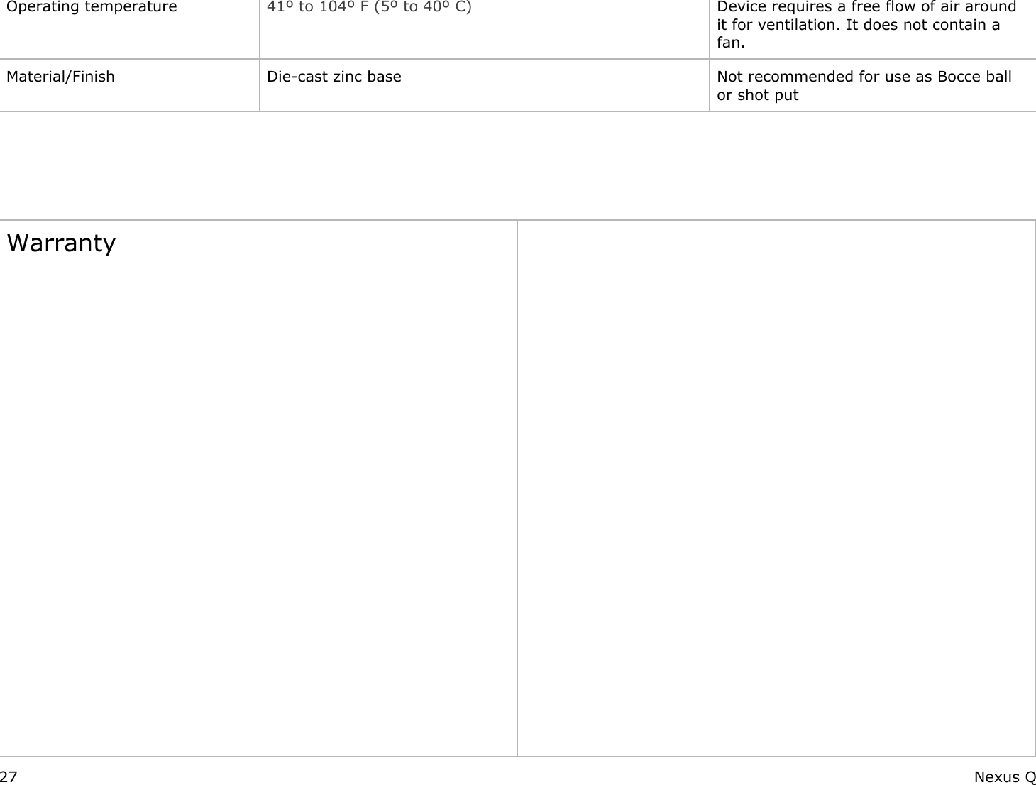 Operating temperature 41º to 104º F (5º to 40º C) Device requires a free flow of air around it for ventilation. It does not contain a fan.Material/Finish Die-cast zinc base Not recommended for use as Bocce ball or shot put      Warranty                                27 Nexus Q