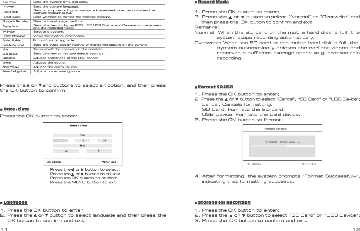 11 12● Date / timePress the OK button to enter:● Record Mode1. Press the OK button to enter;2. Press the      or      button to select “Normal” or “Overwrite” and       then press the  OK buton to confirm and exit.Remarks:Normal: When the SD card or the mobile hard disk is full, the             system stops recording automatically.Overwrite: When the SD card or the mobile hard disk is full, the            system automatically deletes the earliest videos and             reserves a sufficient storage space to guarantee this             recording.● Format SD/USB1. Press the OK button to enter;2. Press the     or     button to select “Cancel”, “SD Card” or “USB Device”;      Cancel: Cancels formatting.    SD Card: Formats the SD card.    USB Device: Formats the USB device.3. Press the OK button to format:Date / TimeOK:Options                               MENU:QuitDate/ /2011 11 05Time:23 11Press the     or     button to select;Press the     or     button to adjust;Press the OK button to confirm;Press the MENU button to exit.● Language1. Press the OK button to enter;2. Press the     or     button to select language and then press the     OK button to confirm and exit.Format SD/USBOK:Options                               MENU:QuitFormatting, please wait.....4. After formatting, the system prompts “Format Successfully”,    indicating that formatting succeeds.● Storage for Recording1. Press the OK button to enter;2. Press the      or      button to select “SD Card” or “USB Device”;3. Press the  OK button to confirm and exit.Press the   or   and buttons to select an option, and then press the OK button to confirm.Date / TimeLanguageRecord ModeFormat SD/USBStorage for RecordingDisplay ItemsTV SystemSystem InformationScan Mode PeriodMuteLoad DefaultBrightnessVolumeAlarm VolumePower Saving ModeSets the system time and date.Sets the system language.Sets to stop recording or overwrite the earliest video record when the storage medium is full.Sets whether to format the storage medium.Selects the storage medium.Sets whether to display RSSI,  SD/USB Status and Camera on the screenand the recorded video.Selects a system.Views the system information.Sets the cyclic display interval of monitoring picture on the camera.Turns on/off the speaker on the receiver.Sets whether to restore default settings.Adjusts brightness of the LCD screen.Adjusts the sound.Adjusts the alarm volume.Adjusts power saving mode.System Update Fo r software upgrade.