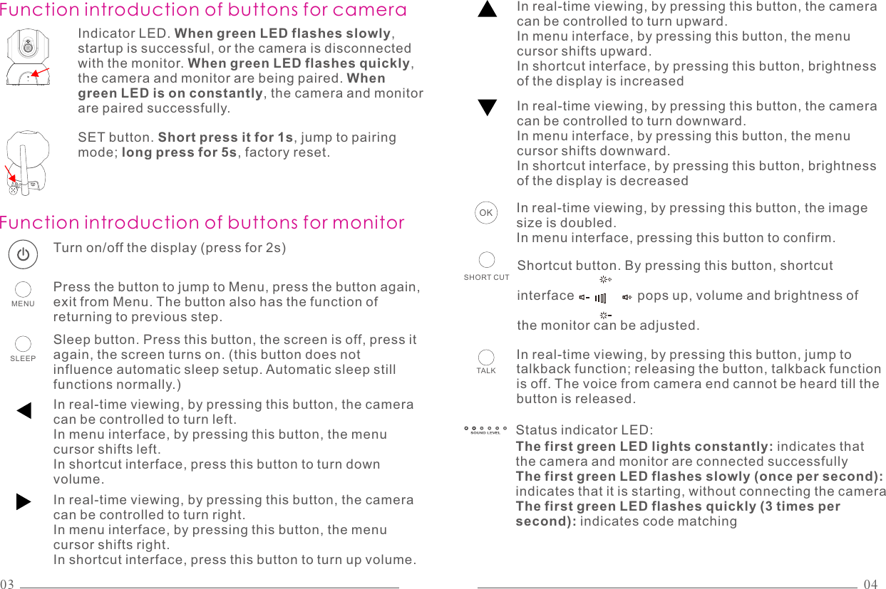 Turn on/off the display (press for 2s)Sleep button. Press this button, the screen is off, press it again, the screen turns on. (this button does not influence automatic sleep setup. Automatic sleep still functions normally.)In real-time viewing, by pressing this button, the camera can be controlled to turn left.              In menu interface, by pressing this button, the menu cursor shifts left. In shortcut interface, press this button to turn down volume.In real-time viewing, by pressing this button, the image size is doubled. In menu interface, pressing this button to confirm.In real-time viewing, by pressing this button, the camera can be controlled to turn upward.               In menu interface, by pressing this button, the menu cursor shifts upward. In shortcut interface, by pressing this button, brightness of the display is increasedSLEEPOKMENUPress the button to jump to Menu, press the button again, exit from Menu. The button also has the function of returning to previous step.Function introduction of buttons for monitorStatus indicator LED: 03 04In real-time viewing, by pressing this button, jump to talkback function; releasing the button, talkback function is off. The voice from camera end cannot be heard till the button is released. TALKSHORT CUTShortcut button. By pressing this button, shortcut interface                 pops up, volume and brightness of the monitor can be adjusted.++In real-time viewing, by pressing this button, the camera can be controlled to turn right.              In menu interface, by pressing this button, the menu cursor shifts right.                          In shortcut interface, press this button to turn up volume.In real-time viewing, by pressing this button, the camera can be controlled to turn downward.               In menu interface, by pressing this button, the menu cursor shifts downward. In shortcut interface, by pressing this button, brightness of the display is decreasedFunction introduction of buttons for cameraIndicator LED. When green LED flashes slowly, startup is successful, or the camera is disconnected with the monitor. When green LED flashes quickly, the camera and monitor are being paired. When green LED is on constantly, the camera and monitor are paired successfully.SET button. Short press it for 1s, jump to pairing mode; long press for 5s, factory reset.The first green LED lights constantly: indicates that the camera and monitor are connected successfully                                    The first green LED flashes slowly (once per second): indicates that it is starting, without connecting the camera                                  The first green LED flashes quickly (3 times per second): indicates code matching 
