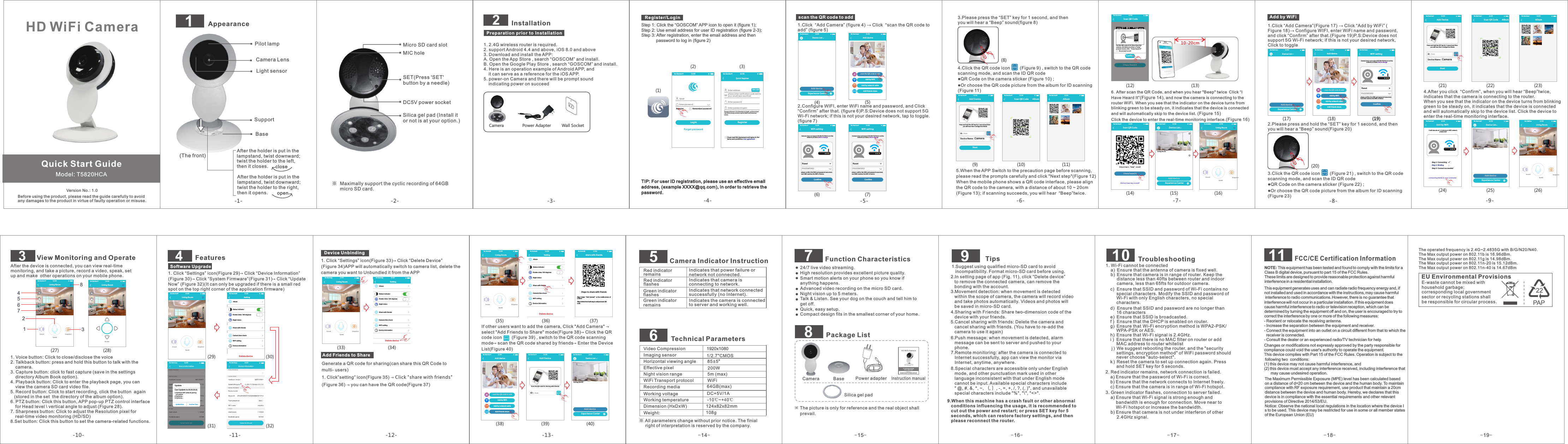 1Appearance(The front)Pilot lampBaseSupportAfter the holder is put in the lampstand, twist downward; twist the holder to the left, then it closes. closeAfter the holder is put in the lampstand, twist downward; twist the holder to the right, then it opens. openLight sensor Camera Lens- -1SET(Press &apos;SET&apos;button by a needle)Micro SD card slotMIC holeDC5V power socketSilica gel pad (Install itor not is at your option.) - -2※        micro SD card. Maximally support the cyclic recording of 64GB HD WiFi Camera   Model: T5820HCAVersion No.: 1.0Before using the product, please read the guide carefully to avoidany damages to the product in virtue of faulty operation or misuse.Quick Start Guide78 Function Characteristics Package List Camera   Power adapter     manual  Instruction    prevail.The picture is only for reference and the real object shall Base24/7 live video streaming. High resolution provides excellent picture quality. Smart motion alerts on your phone so you know if anything happens. Advanced video recording on the micro SD card. Night vision up to 5 meters. Talk &amp; Listen. See your dog on the couch and tell him to get off. Quick, easy setup. Compact design fits in the smallest corner of your home.Silica gel pad- -1511FCC/CE Certification Information- -1810  Troubleshooting                 d)  Ensure that SSID and password are no longer than          16 characters    e)  Ensure that SSID is broadcasted.    f )  Ensure that the DHCP is enabled on router.    g)  Ensure that  Wi-Fi encryption method is WPA2-PSK/         WPA-PSK or AES.    h)  Ensure that Wi-Fi signal is 2.4GHz.    i )  Ensure that there is no MAC filter on router or add          MAC address to router whitelist     j )  We suggest rebooting the router, and the &quot;security          settings, encryption method&quot; of WiFi password should          never choose &quot;auto-select&quot;.    k )  Reset the camera to set up connection again. Press          and hold SET key for 5 seconds. 2. Red indicator remains, network connection is failed.    a) Ensure that the password of Wi-Fi is correct.    b) Ensure that the network connects to Internet freely.    c) Ensure that the camera is in range of Wi-Fi hotspot.3. Green indicator flashes, connection to server failed.    a) Ensure that Wi-Fi signal is strong enough and          bandwidth is enough for connection. Move near to          Wi-Fi hotspot or increase the bandwidth.    b) Ensure that camera is not under interferon of other          2.4GHz signal.1. Wi-Fi cannot be connected    a)  Ensure that the antenna of camera is fixed well.    b)  Ensure that camera is in range of router. Keep the          distance less than 40fts between router and indoor          camera, less than 65fts for outdoor camera.             c)  Ensure that SSID and password of Wi-Fi contains no      special characters. Modify the SSID and password of     Wi-Fi with only English characters, no special      characters. - -179    to remove the connected camera, can remove the    bonding with the account. 3.Movement detection: when movement is detected    within the scope of camera, the camera will record video    and take photos automatically. Videos and photos will    be saved in micro-SD card.2.In setting page of app (Fig. 11), click “Delete device”  Tips6.Push message: when movement is detected, alarm    message can be sent to server and pushed to your    phone.7.Remote monitoring: after the camera is connected to    Internet successfully, app can view the monitor via    Internet, anytime, anywhere.9   conditions influencing the usage, it is recommended to    cut out the power and restart; or press SET key for 5    seconds, which can restore factory settings, and then    please reconnect the router..When this machine has a crash fault or other abnormal 1.Suggest using qualified micro-SD card to avoid    incompatibility. Format micro-SD card before using.- -164.Sharing with Friends: Share two-dimension code of the   device with your friends.5.Cancel sharing with friends: Delete the camera and    cancel sharing with friends. (You have to re-add the    camera to use it again) 8.Special characters are accessible only under English    mode, and other punctuation mark used in other    language inconsistent with that under English mode    cannot be input. Available special characters include   &quot; @, #, &amp;, *, ~, ｛, ｝, -, =, +, /, ?, (, )&quot;, and unavailable    special characters include &quot;%&quot;, &quot;\&quot;, &quot;&lt;&gt;&quot;. 6 Technical Parameters           Video CompressionImaging   sensor                     1/2.7&quot;CMOSEffective   pixel                        200WNight   vision range                  5m   (max)WiFi Transport protocolWorking   voltage                     DC  +5V/1A Working   temperature            -10  ℃~+40℃Dimension    (HxDxW)            124x82x82mm Weight:                                   1 g085※      right of interpretation is reserved by the company.All parameters change without prior notice. The finial Indicates that power failure or network not connected.Red indicator remainsRed indicator flashesIndicates that camera is connecting to network.Green indicator flashesIndicates that network connected successfully (no Internet).Green indicator remainsIndicates the camera is connected to server and working well.Camera Indicator Instruction1920x1080                 - -14WiFiRecording media 64GB(max)Horizontal viewing angle 85±5°EU Environmental ProvisionsE-waste cannot be mixed with household garbage; corresponding local government sector or recycling stations shall be responsible for circular process.-3-Living Room2017/04/21 13:00No Se rvice                       11:5 0SpeakSound SnapshotHD378563241View Monitoring and OperateAfter the device is connected, you can view real-time monitoring, and take a picture, record a video, speak, set up and make  other operations on your mobile phone.1. Voice button: Click to close/disclose the voice2. Talkback button: press and hold this button to talk with the     camera.3. Capture button: click to fast capture (save in the settings     directory Album Book option).4. Playback button: Click to enter the playback page, you can     view the camera SD card video file.5. Record button: Click to start recording, click the button  again    (stored in the set  the directory of the album option).6. PTZ button: Click this button, APP pop-up PTZ control interface     for Head level \ vertical angle to adjust (Figure 28).7. Sharpness button: Click to adjust the Resolution pixel for     real-time video monitoring (HD/SD)8.Set button: Click this button to set the camera-related functions.Living Room2017/04/21 13:00No Se rvice                       11:5 0HDRoc ker-12--11--10-Software Upgrade1. Click “Settings” icon → Click “Device Information”(Figure 30) Click “System Firmware”(Figure 31) Click “Update Now” (Figure 32)(It can only be upgraded if there is a small red spot on the top right corner of the application firmware)(Figure 29)→  → 4Features2017/04/21 13:00Living RoomNo Se rvice                       11:5 0SpeakSound SnapshotNo Se rvice                       11:5 0Can Update to 00.00.00.0 11.Optimize APP network pairing    pro cedur e2.Optimize…3.Optimize…Upd ate Now Another TimeUpdateNo Se rvice                       11:5 0SettingSta tus indicatorRot ate video 180 degreesNight visionShare with friendsWiF i set tingDevice informationDelet e deviceAlbumCamera time c heckNo Se rvice                       11:5 0(27) (28)(29) (30)(31) (32)- -191. 2.4G wireless router is required. 2. support Android 4.4 and above, iOS 8.0 and above3. Download and install the APP:A. Open the App Store , search “GOSCOM” and install. B. Open the Google Play Store , search “GOSCOM” and install.4. Here is an operation example of Android APP, and     it can serve as a reference for the iOS APP. 5. power-on Camera and there will be prompt sound    indicating power on succeed      Preparation prior to InstallationCameraInstallation2Power Adapter Wall SocketTIP: For user ID registration, please use an effective email address, (example XXXX@qq.com), in order to retrieve the password.(2)(1)(3)Step 1: Click the “GOSCOM” APP icon to open it (figure 1);Step 2: Use email address for user ID registration (figure 2-3);Step 3: After registration, enter the email address and then             password to log in (figure 2) Register/LoginQuick RegisterEnter addressEnter pa sswordEnter pa ssword a gainRegisterGet c odeplease enter verification code sent toyour email(case sensitive)Pass word fo rmat: 8 -16 cha racte rs in len gth, co ntain a t leasttwo kinds among numbers,capital letters and lowercaselet tersI have raed this Agreem ent and agree to theterms an d conditi ons User agre ementNo Se rvice                       11:5 0EmailEnter pass wor dLoginReg ist er Remember passwordForget passwordNo Service                       11:50scan the QR code to add1.Click  “Add Camera”  →   “scan the QR code to add” (figure 5) (figure 4) Click 2.Configure WIFI, enter WiFi name and password, and “Confirm” after that. (figure 6)P.S:Device does not support 5G Wi-Fi network; if this is not your desired network, tap to toggle.(figure 7)Click 10-20cm6.After scan the QR Code, and when you hear &quot;Beep&quot; twice Click “I Have Heard It”(Figure 14), and now the camera is connecting to the router WiFi. When you see that the indicator on the device turns from blinking green to be steady on, it indicates that the device is connected and will automatically skip to the device list. (Figure 15)Click the device to enter the real-time monitoring interface.(Figure 16)5.When the APP Switch to the precaution page before scanning, please read the prompts carefully and click &quot;Next step&quot;(Figure 12)When the mobile phone shows a QR code interface, please align the QR code to the camera, with a distance of about 10 ~ 20cm(Figure 13); if scanning succeeds, you will hear  “Beep”twice.3.Please press the “SET” key for 1 second, and then you will hear a “Beep” sound(figure 8)Add by WiFi1.Click “Add Camera”  →   “Add by WiFi” Figure 18)→ Configure WIFI, enter WiFi name and password, and click “Confirm” after that.(Figure 19)P.S:Device does not support 5G Wi-Fi network; if this is not your desired network, Click to toggle(Figure 17) Click (2.Please press and hold the “SET” key for 1 second, and then you will hear a “Beep” sound(Figure 20) 3.Click the QR code icon        (Figure 21) , switch to the QR code scanning mode, and scan the ID QR code●QR Code on the camera sticker (Figure 22) ;●Or choose the QR code picture from the album for ID scanning(Figure 23) 4.indicates that the camera is connecting to the router. When you see that the indicator on the device turns from blinking green to be steady on, it indicates that the device is connected and will automatically skip to the device list. Click the device to enter the real-time monitoring interface.After you click  “Confirm”, when you will hear “Beep”twice, Device ListAdd deviceExperience CenterNo Service                       1 1:50Add friends shareAdd by network cableAdd devicesca n the QR co de to a ddAdd b y WiFiNo Se rvice                       11:5 0WiFi settingConfirmplease confirm the SSID and password arecorrect,and SSID matches the WiFi of deviceResetPASS WORDNo Service                       1 1:50Camera does not support 5G W i-Fi; if this i s not the network you want,click to changeScan QR C ode AlbumNo Service                       1 1:50I Have Heard ItPut t his QR co de at 10- 20cm fr om the cam era, an d when yo u hear a &quot;b eep&quot; pro mpt sou nd, cli ck “I hav e hear d it”ConfirmNo pr ompt so undScan QR CodeNo Service                       1 1:50WiFi settingConfirmplease confirm the SSID and password arecorrect,and SSID matches the WiFi of deviceResetPASS WORDNo Service                       1 1:50Camera does not support 5G W i-Fi; if this i s not the network you want,click to changeAdd DeviceNextDevic e Name：CameraSca nID：No Service                       1 1:50Press and hold the SET key for 1 second and then you will hear Star t Configurtion Mode Scan QR CodeI have heard itDid y ou hear a “ beep” so und?Did n ot hear a ny soun d?No Service                       1 1:50Device ListAdd deviceExperience CenterLiving Ro omNo Service                       1 1:50Living Room2017/04/21 13:00No Se rvice                       11:5 0SpeakSound SnapshotDevice ListAdd deviceExper ience C enterNo Service                       1 1:50Add friends shareAdd by network cableAdd devicesca n the QR co de to a ddAdd b y WiFiNo Se rvice                       11:5 0WiFi settingConfirmplease confirm the SSID and password arecorrect,and SSID matches the WiFi of deviceResetPASS WORDNo Service                       1 1:50Camera does not support 5G W i-Fi; if this i s not the network you want,click to changeAdd Dev iceNextDevice Name：CameraSca nID：No Service                       1 1:50Press and hold the SET key for 1 second and then you will hear Star t Configurtion ModeAdd by WiFiIt will take about 1-2 minutes to WiFi network,please waitcon necti ng fail de in ove r 2 min ute sSte p 1: Connec tin gSte p 3: Connec t suc cee dedSte p 2: Bin dingNo Service                       1 1:50-4--5--6- -7--8-AlbumNo Service                       1 1:50Scan QR Code AlbumNo Service                       1 1:50Device ListAdd deviceExperience CenterLiving RoomNo Service                       1 1:50Living Room2017/04/21 13:00No Se rvice                       11:5 0SpeakSound Snapshot-9-AlbumNo Service                       1 1:50(4)(5)(6)(7)(8)(9) (10) (11)(12) (13)(14) (15) (16)(17) (18)(19)(20)(21) (22) (23)(24) (25) (26)4.Click the QR code icon        (Figure 9) , switch to the QR code scanning mode, and scan the ID QR code●QR Code on the camera sticker (Figure 10) ;●Or choose the QR code picture from the album for ID scanning(Figure 11) Device Unbinding1.   “Settings” icon →   “Delete Device”(Figure 34)APP will automatically switch to camera list, delete thecamera you want to Unbundled it from the APPClick (Figure 33) ClickSettingSta tus indicatorRot ate video 180 degreesNight visionShare with friendsWiF i settingDevice informationDelet e deviceAlbumCamera time c heckNo Se rvice                       11:5 0Living Room2017/04/21 13:00No Se rvice                       11:5 0SpeakSound SnapshotGenerate a QR code for sharing(can share this QR Code to multi- users)1. Click”setting” icon(Figure 35) → Click &quot;share with friends&quot;(Figure 36) → you can have the QR code(Figure 37)Add Friends to Share(33) (34)-13-If other users want to add the camera, Click &quot;Add Camera&quot; → select &quot;Add Friends to Sh are&quot; mode (Figure 38)→ Click the QR code icon        (Figure 39) , switch to the QR code scanning mode→ scan the QR code shared by friends→ Enter the Device List(Figure 40)Add friends shareAdd by network cableAdd devicesca n the QR co de to a ddAdd b y WiFiNo Se rvice                       11:5 0Add DeviceSca nID：No Service                       1 1:50Scan the QR code for sharing with friendsDevice ListAdd deviceExperience CenterLiving RoomNo Service                       1 1:50SettingSta tus indicatorRot ate video 180 degreesNight visionSha re with f riend sWiF i set tingDevice informationDelete deviceAlbumCamera time c heckNo Se rvice                       11:5 0share with friendsSteps to share with friendsStep 1:Open“Add Camera”on the mobile phone ofa friendStep 2:Select the fourth way to add,and scan QRcodeNo Se rvice                       11:5 0Living Room2017/04/21 13:00No Se rvice                       11:5 0SpeakSound Snapshot(35) (36) (37)(38) (39) (40)The Maximum Permissible Exposure (MPE) level has been calculated based on a distance of d=20 cm between the device and the human body. To maintain compliance with RF exposure requirement, use product that maintain a 20cm distance between the device and human body. Hereby, we declares that this device is in compliance with the essential requirements and other relevant provisions of Directive 2014/53/EU.Notice: Observe the national local regulations in the location where the device Is to be used. This device may be restricted for use in some or all member states of the European Union (EU)This equipment generates uses and can radiate radio frequency energy and, if not installed and used in accordance with the instructions, may cause harmful  interference to radio communications. However, there is no guarantee that interference will not occur in a particular installation. If this equipment does cause harmful interference to radio or television reception, which can be determined by turning the equipment off and on, the user is encouraged to try to correct the interference by one or more of the following measures:- Reorient or relocate the receiving antenna.- Increase the separation between the equipment and receiver.- Connect the equipment into an outlet on a circuit different from that to which the   receiver is connected.- Consult the dealer or an experienced radio/TV technician for helpChanges or modifications not expressly approved by the party responsible for compliance could void the user&apos;s authority to operate the equipment. This device complies with Part 15 of the FCC Rules. Operation is subject to the  following two  conditions:(1) this device may not cause harmful interference, and(2) this device must accept any interference received, including interference that       may cause undesired operation.The operated frequency is 2.4G~2.4835G with B/G/N20/N40.The Max output power on 802.11b is 16.96dBm.The Max output power on 802.11g is 14.98dBm.The Max output power on 802.11n-20 is 15.12dBm.The Max output power on 802.11n-40 is 14.67dBmNOTE: This equipment has been tested and found to comply with the limits for a Class B digital device, pursuant to part 15 of the FCC Rules. These limits are designed to provide reasonable protection against harmful interference in a residential installation. 