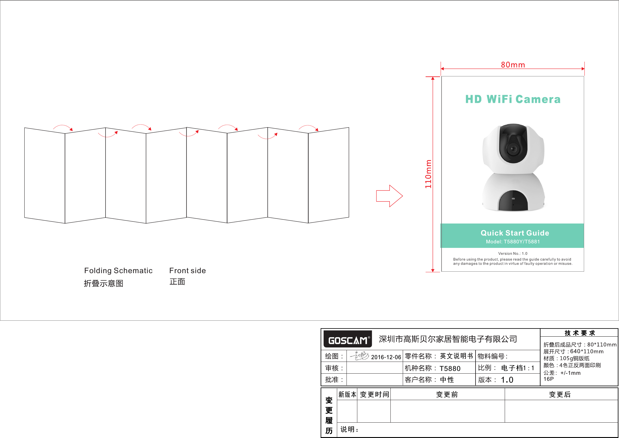 Folding Schematic        Front side640T5880中性2016-12-06电子档1:1英文说明书新版本变更时间 变更前1.0变更后说明：公差：+/-1mm16P   Model: T5880Y/T5881Quick Start Guide