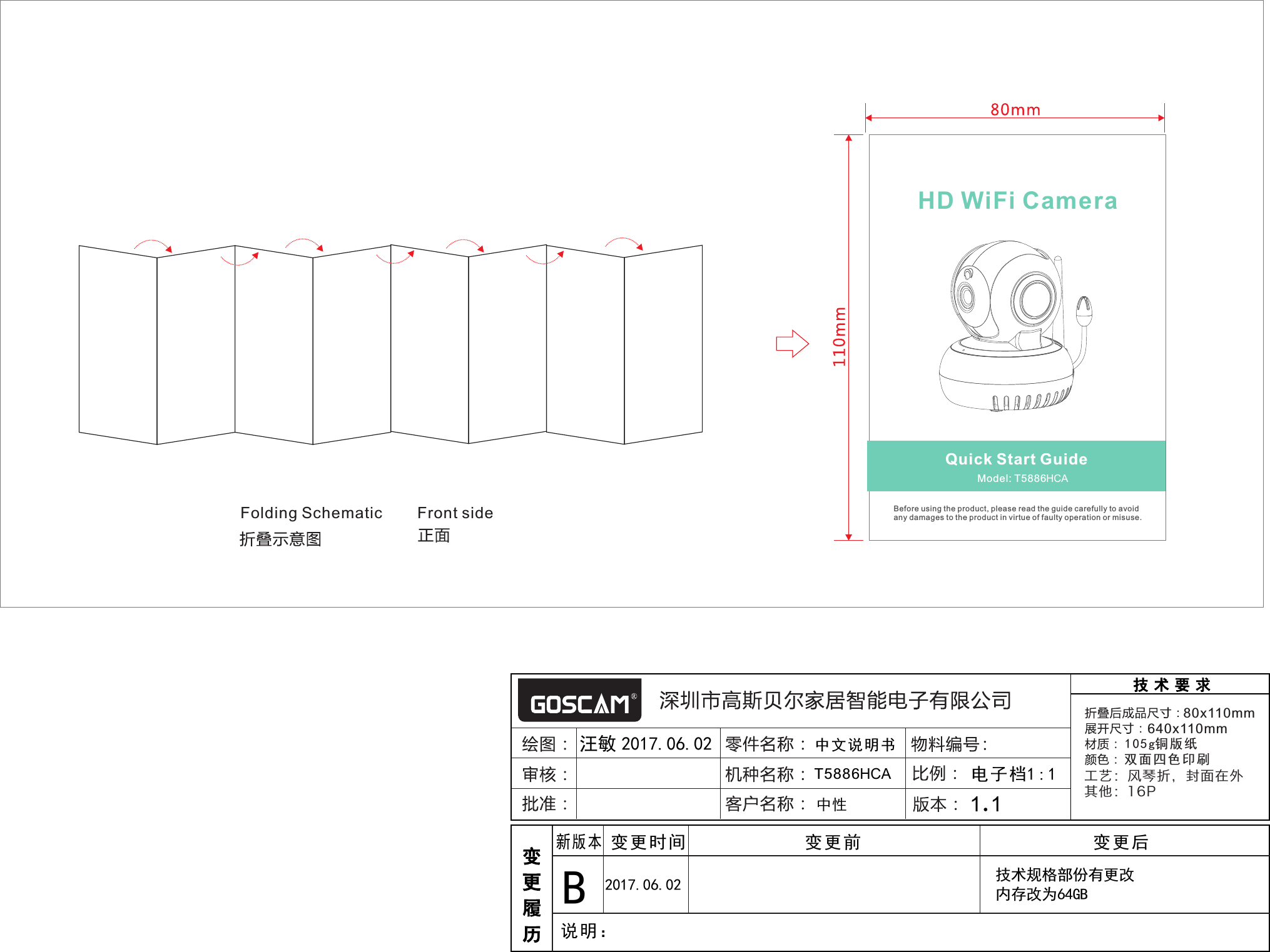 Folding Schematic        Front side   Model: T5886HCABefore using the product, please read the guide carefully to avoidany damages to the product in virtue of faulty operation or misuse.HD WiFi CameraQuick Start Guide80x110mm105g铜版纸双面四色印刷640x110mm汪敏 2017.06.02电子档1:1中文说明书新版本变更时间 变更前1.1变更后说明：工艺：风琴折，封面在外其他：16PT5886HCA中性B2017.06.02 技术规格部份有更改内存改为64GB