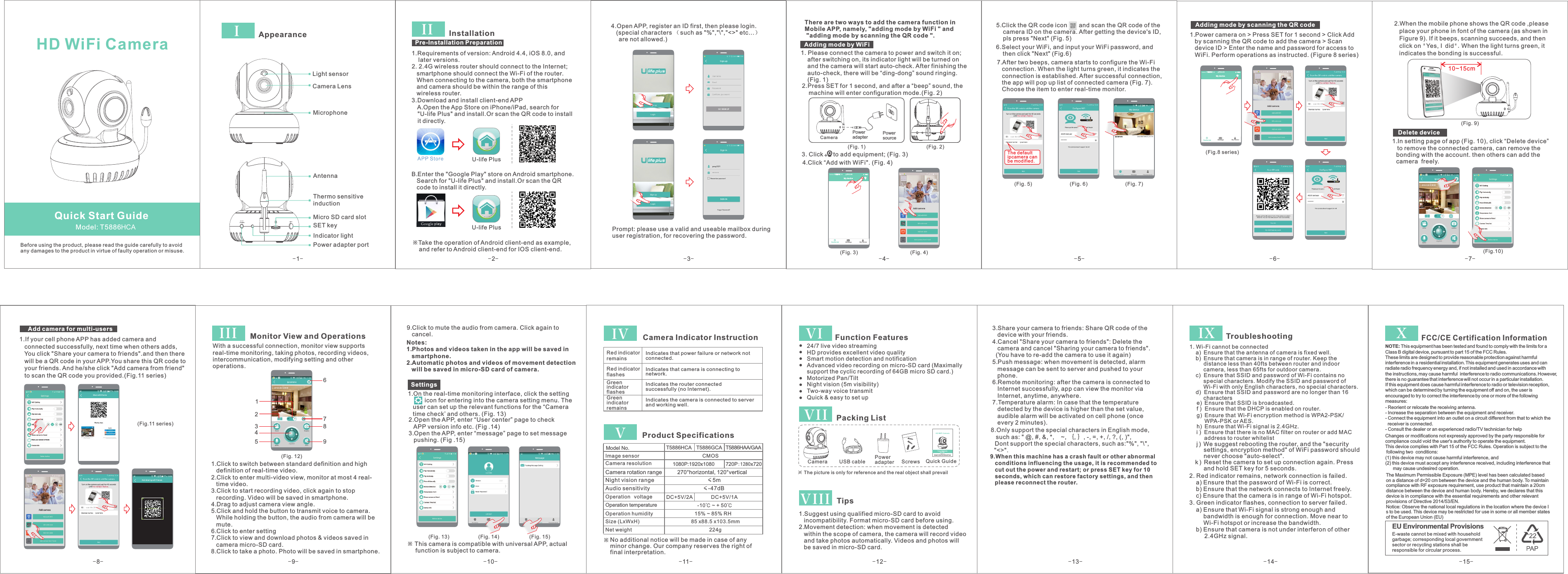 AntennaThermo sensitive inductionMicro SD card slotSET keyIndicator light Power adapter port-1-   Model: T5886HCAQuick Start GuideBefore using the product, please read the guide carefully to avoidany damages to the product in virtue of faulty operation or misuse.AppearanceMicrophoneI  HD WiFi CameraLight sensor Camera Lens-2--3--4--5--8- Installation II   ※Take the operation of Android client-end as example,     and refer to Android client-end for IOS client-end.(Fig. 2) 1.Requirements of version: Android 4.4, iOS 8.0, and     later versions.2. 2.4G wireless router should connect to the Internet;    smartphone should connect the Wi-Fi of the router.    When connecting to the camera, both the smartphone    and camera should be within the range of this    wireless router.3.Download and install client-end APP3. Click      to add equipment; (Fig. 3)Prompt: please use a valid and useable mailbox during user registration, for recovering the password.(Fig. 1) 1. Please connect the camera to power and switch it on;     after switching on, its indicator light will be turned on     and the camera will start auto-check. After finishing the     auto-check, there will be “ding-dong” sound ringing.     (Fig. 1) 2.    machine will enter configuration mode.(Fig. 2) Press SET for 1 second, and after a “beep” sound, the 6.Select your WiFi, and input your WiFi password, and     then click &quot;Next&quot; (Fig.6) 7.After two beeps, camera starts to configure the Wi-Fi    connection. When the light turns green, it indicates the    connection is established. After successful connection,    the app will pop up list of connected camera (Fig. 7).    Choose the item to enter real-time monitor. U-life Plus    A.Open the App Store on iPhone/iPad, search for    &quot;U-life Plus&quot; and install.Or scan the QR code to install     it directly.U-life PlusB.Enter the &quot;Google Play&quot; store on Android smartphone.    Search for &quot;U-life Plus&quot; and install.Or scan the QR    code to install it directly. Camera Power adapter Power source5.Click the QR code icon       and scan the QR code of the     camera ID on the camera. After getting the device&apos;s ID,     pls press &quot;Next&quot; (Fig. 5)4.Click “Add with WiFi&quot;. (Fig. 4)(Fig. 3)  (Fig. 4) (Fig. 5)  (Fig. 6)  (Fig. 7) Pre-Installation PreparationAdd camera for multi-users1.If your cell phone APP has added camera and    connected successfully, next time when others adds,    You click &quot;Share your camera to friends&quot;.and then there    will be a QR code in your APP.You share this QR code to    your friends. And he/she click &quot;Add camera from friend&quot;   to scan the QR code you provided.(Fig.11 series)4.Open APP, register an ID first, then please login.   (special characters （such as &quot;%&quot;,&quot;\&quot;,&quot;&lt;&gt;&quot; etc...）   are not allowed.) Adding mode by WiFi 1.Power camera on &gt; Press SET for 1 second &gt; Click Add    by scanning the QR code to add the camera &gt; Scan    device ID &gt; Enter the name and password for access to    WiFi. Perform operations as instructed. (Figure 8 series)2.When the mobile phone shows the QR code ,please    place your phone in font of the camera (as shown in    Figure 9). If it beeps, scanning succeeds, and then    click on &quot;Yes, I did&quot;.When the light turns green, it   indicates the bonding is successful.  (Fig.8 series)(Fig. 9)  -6--10--11- - 12--13--9--14--15- Function Features  Product SpecificationsImage sensor                                            CMOS Camera resolutionCamera rotation range          270°horizontal, 120°verticalNight vision range                                  ≤5mAudio sensitivity                                  ≤-47dBOperation  voltage                             ※ Packing ListIII  V VII FCC/CE Certification Information Camera  Power adapter  Quick GuideUSB cable Troubleshooting The picture is only for reference and the real object shall prevailX No additional notice will be made in case of any minor change. Our company reserves the right of final interpretation.Operation humidity                             15% ~ 85% RHSize (LxWxH)                                    85 x88.5 x103.5mmNet weight                                                      224gOperation temperature  -10℃ ~ + 50℃IV V IVII  IIX With a successful connection, monitor view supports real-time monitoring, taking photos, recording videos, intercommunication, modifying setting and other operations.Monitor View and Operations Notes: 1.Photos and videos taken in the app will be saved in    smartphone.2.Automatic photos and videos of movement detection    will be saved in micro-SD card of camera.2.Open the APP, enter “User center” page to check    APP version info etc. (Fig .14)3.Open the APP, enter “message” page to set message    pushing. (Fig .15)Indicates that power failure or network not connected.Red indicator remainsRed indicator flashesIndicates that camera is connecting to network.Green indicator flashesIndicates the router connected successfully (no Internet).Green indicator remainsIndicates the camera is connected to server and working well.Camera Indicator Instruction    i )  Ensure that there is no MAC filter on router or add MAC          address to router whitelist    j)  We suggest rebooting the router, and the &quot;security         settings, encryption method&quot; of WiFi password should         never choose &quot;auto-select&quot;.   k )  Reset the camera to set up connection again. Press         and hold SET key for 5 seconds. ※ This camera is compatible with universal APP, actual      function is subject to camera.(Fig. 13) SettingsScrews (Fig. 14)  (Fig. 15)  24/7 live video streamingHD provides excellent video qualitySmart motion detection and notificationAdvanced video recording on micro-SD card (Maximally support the cyclic recording of 64GB micro SD card.) Motorized Pan/TiltNight vision (5m visibility)Two-way voice transmitQuick &amp; easy to set up2. Red indicator remains, network connection is failed.    a) Ensure that the password of Wi-Fi is correct.    b) Ensure that the network connects to Internet freely.    c) Ensure that the camera is in range of Wi-Fi hotspot.5.Push message: when movement is detected, alarm    message can be sent to server and pushed to your    phone.6.Remote monitoring: after the camera is connected to    Internet successfully, app can view the monitor via    Internet, anytime, anywhere.7.Temperature alarm: In case that the temperature    detected by the device is higher than the set value,    audible alarm will be activated on cell phone (once    every 2 minutes). 3. Green indicator flashes, connection to server failed.    a) Ensure that Wi-Fi signal is strong enough and          bandwidth is enough for connection. Move near to          Wi-Fi hotspot or increase the bandwidth.    b) Ensure that camera is not under interferon of other          2.4GHz signal. Tips1.Suggest using qualified micro-SD card to avoid    incompatibility. Format micro-SD card before using.2.Movement detection: when movement is detected    within the scope of camera, the camera will record video    and take photos automatically. Videos and photos will    be saved in micro-SD card.1. Wi-Fi cannot be connected    a)  Ensure that the antenna of camera is fixed well.    b)  Ensure that camera is in range of router. Keep the          distance less than 40fts between router and indoor          camera, less than 65fts for outdoor camera.    c)  Ensure that SSID and password of Wi-Fi contains no          special characters. Modify the SSID and password of          Wi-Fi with only English characters, no special characters.    d)  Ensure that SSID and password are no longer than 16          characters        Model No.(Fig. 12) 1.Click to switch between standard definition and high    definition of real-time video.2.Click to enter multi-video view, monitor at most 4 real-   time video.3.Click to start recording video, click again to stop    recording. Video will be saved in smartphone.4.Drag to adjust camera view angle.5.Click and hold the button to transmit voice to camera.    While holding the button, the audio from camera will be    mute.6.Click to enter setting7.Click to view and download photos &amp; videos saved in    camera micro-SD card.8.Click to take a photo. Photo will be saved in smartphone.9.Click to mute the audio from camera. Click again to    cancel.1.On the real-time monitoring interface, click the setting          icon for entering into the camera setting menu. The    user can set up the relevant functions for the “Camera    time check’ and others. (Fig. 13) 5134786299.When this machine has a crash fault or other abnormal    conditions influencing the usage, it is recommended to    cut out the power and restart; or press SET key for 10    seconds, which can restore factory settings, and then    please reconnect the router.    g)  Ensure that  Wi-Fi encryption method is WPA2-PSK/         WPA-PSK or AES.    h)  Ensure that Wi-Fi signal is 2.4GHz.-7-中国移 动            上午11:50My Ce nterDecice List MessageMy de vice中国移 动            上午11:50My CenterDecice List MessageMy de viceThe default ipcamera can be modified.     e)  Ensure that SSID is broadcasted.    f )  Ensure that the DHCP is enabled on router.    Adding mode by scanning the QR code 8.Only support the special characters in English mode,   such as: &quot; @, #, &amp;, *,    ~, ｛, ｝, -, =, +, /, ?, (, )&quot;,    Dont support the special characters, such as:&quot;%&quot;, &quot;\&quot;,  &quot;&lt;&gt;&quot;. There are two ways to add the camera function in Mobile APP, namely, &quot;adding mode by WiFi &quot; and &quot;adding mode by scanning the QR code &quot;.  (Fig.11 series)(Fig.10)  1.In setting page of app (Fig. 10), click “Delete device”    to remove the connected camera, can remove the   bonding with the account. then others can add the   camera  freely.Delete device10~15cm3.Share your camera to friends: Share QR code of the    device with your friends.4.Cancel &quot;Share your camera to friends&quot;: Delete the    camera and cancel &quot;Sharing your camera to friends&quot;.  (You have to re-add the camera to use it again) 1080P:1920x1080         720P:1280x720  T5886HCA T5886HAA/GAAT5886GCADC+5V/2A DC+5V/1AShare your camera to friendsThe Maximum Permissible Exposure (MPE) level has been calculated based on a distance of d=20 cm between the device and the human body. To maintain compliance with RF exposure requirement, use product that maintain a 20cm distance between the device and human body. Hereby, we declares that this device is in compliance with the essential requirements and other relevant provisions of Directive 2014/53/EN.Notice: Observe the national local regulations in the location where the device Is to be used. This device may be restricted for use in some or all member states of the European Union (EU)NOTE: This equipment has been tested and found to comply with the limits for a Class B digital device, pursuant to part 15 of the FCC Rules. These limits are designed to provide reasonable protection against harmful interference in a residential installation. This equipment generates uses and can radiate radio frequency energy and, if not installed and used in accordance with the instructions, may cause harmful  interference to radio communications. However, there is no guarantee that interference will not occur in a particular installation. If this equipment does cause harmful interference to radio or television reception, which can be determined by turning the equipment off and on, the user is encouraged to try to correct the interference by one or more of the following measures:EU Environmental ProvisionsE-waste cannot be mixed with household garbage; corresponding local government sector or recycling stations shall be responsible for circular process.- Reorient or relocate the receiving antenna.- Increase the separation between the equipment and receiver.- Connect the equipment into an outlet on a circuit different from that to which the   receiver is connected.- Consult the dealer or an experienced radio/TV technician for helpChanges or modifications not expressly approved by the party responsible for compliance could void the user&apos;s authority to operate the equipment. This device complies with Part 15 of the FCC Rules. Operation is subject to the  following two  conditions:(1) this device may not cause harmful interference, and(2) this device must accept any interference received, including interference that       may cause undesired operation.