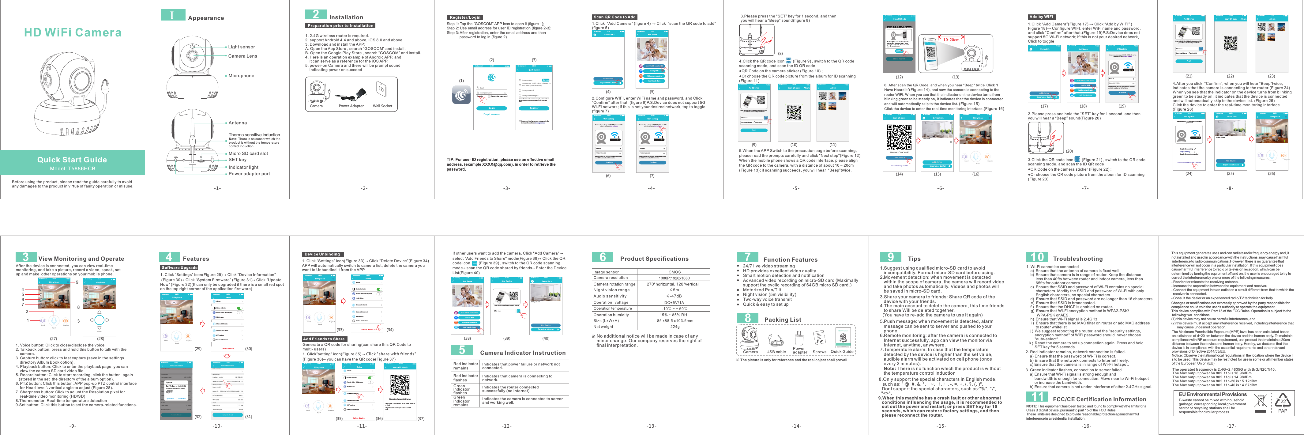 AntennaThermo sensitive inductionMicro SD card slotSET keyIndicator light Power adapter portAppearanceMicrophoneI  Light sensor Camera LensNote: There is no sensor which the product is without the temperature control induction.-14--15- Troubleshooting2. Red indicator remains, network connection is failed.    a) Ensure that the password of Wi-Fi is correct.    b) Ensure that the network connects to Internet freely.    c) Ensure that the camera is in range of Wi-Fi hotspot.5.Push message: when movement is detected, alarm    message can be sent to server and pushed to your    phone.6.Remote monitoring: after the camera is connected to    Internet successfully, app can view the monitor via    Internet, anytime, anywhere.7.Temperature alarm: In case that the temperature    detected by the device is higher than the set value,    audible alarm will be activated on cell phone (once    every 2 minutes).   Note: There is no function which the product is without    the temperature control induction 3. Green indicator flashes, connection to server failed.    a) Ensure that Wi-Fi signal is strong enough and          bandwidth is enough for connection. Move near to Wi-Fi hotspot          or increase the bandwidth.    b) Ensure that camera is not under interferon of other 2.4GHz signal. Tips1.Suggest using qualified micro-SD card to avoid    incompatibility. Format micro-SD card before using.2.Movement detection: when movement is detected    within the scope of camera, the camera will record video    and take photos automatically. Videos and photos will    be saved in micro-SD card.1. Wi-Fi cannot be connected    a)  Ensure that the antenna of camera is fixed well.    b)  Ensure that camera is in range of router. Keep the distance          less than 40fts between router and indoor camera, less than          65fts for outdoor camera.    c)  Ensure that SSID and password of Wi-Fi contains no special          characters. Modify the SSID and password of Wi-Fi with only          English characters, no special characters.    d)  Ensure that SSID and password are no longer than 16 characters    e)  Ensure that SSID is broadcasted.    f )  Ensure that the DHCP is enabled on router.    g)  Ensure that Wi-Fi encryption method is WPA2-PSK/          WPA-PSK or AES.    h)  Ensure that Wi-Fi signal is 2.4GHz.    i )  Ensure that there is no MAC filter on router or add MAC address          to router whitelist    j )  We suggest rebooting the router, and the &quot;security settings,         encryption method&quot; of WiFi password should  never choose         &quot;auto-select&quot;.   k )  Reset the camera to set up connection again. Press and hold         SET key for 5 seconds.             9.When this machine has a crash fault or other abnormal    conditions influencing the usage, it is recommended to    cut out the power and restart; or press SET key for 10    seconds, which can restore factory settings, and then    please reconnect the router.8.Only support the special characters in English mode,   such as: &quot; @, #, &amp;, *,    ~, ｛, ｝, -, =, +, /, ?, (, )&quot;,    Dont support the special characters, such as:&quot;%&quot;, &quot;\&quot;,  &quot;&lt;&gt;&quot;. 3.Share your camera to friends: Share QR code of the    device with your friends.4.The main account to delete the camera, this time friends    to share Will be deleted together.  (You have to re-add the camera to use it again) The Maximum Permissible Exposure (MPE) level has been calculated based on a distance of d=20 cm between the device and the human body. To maintain compliance with RF exposure requirement, use product that maintain a 20cm distance between the device and human body. Hereby, we declares that this device is in compliance with the essential requirements and other relevant provisions of Directive 2014/53/EU.Notice: Observe the national local regulations in the location where the device Is to be used. This device may be restricted for use in some or all member states of the European Union (EU)This equipment generates uses and can radiate radio frequency energy and, if not installed and used in accordance with the instructions, may cause harmful  interference to radio communications. However, there is no guarantee that interference will not occur in a particular installation. If this equipment does cause harmful interference to radio or television reception, which can be determined by turning the equipment off and on, the user is encouraged to try to correct the interference by one or more of the following measures:- Reorient or relocate the receiving antenna.- Increase the separation between the equipment and receiver.- Connect the equipment into an outlet on a circuit different from that to which the   receiver is connected.- Consult the dealer or an experienced radio/TV technician for helpChanges or modifications not expressly approved by the party responsible for compliance could void the user&apos;s authority to operate the equipment. This device complies with Part 15 of the FCC Rules. Operation is subject to the  following two  conditions:(1) this device may not cause harmful interference, and(2) this device must accept any interference received, including interference that       may cause undesired operation.The operated frequency is 2.4G~2.4835G with B/G/N20/N40.The Max output power on 802.11b is 16.96dBm.The Max output power on 802.11g is 14.98dBm.The Max output power on 802.11n-20 is 15.12dBm.The Max output power on 802.11n-40 is 14.67dBm-16-EU Environmental ProvisionsE-waste cannot be mixed with household garbage; corresponding local government sector or recycling stations shall be responsible for circular process.-13- Function Features  Packing List Camera  Power adapter  Quick GuideUSB cable The picture is only for reference and the real object shall prevailScrews  24/7 live video streamingHD provides excellent video qualitySmart motion detection and notificationAdvanced video recording on micro-SD card (Maximally support the cyclic recording of 64GB micro SD card.) Motorized Pan/TiltNight vision (5m visibility)Two-way voice transmitQuick &amp; easy to set up   Model: T5886HCBQuick Start GuideBefore using the product, please read the guide carefully to avoidany damages to the product in virtue of faulty operation or misuse.HD WiFi Camera109FCC/CE Certification InformationNOTE: This equipment has been tested and found to comply with the limits for a Class B digital device, pursuant to part 15 of the FCC Rules. These limits are designed to provide reasonable protection against harmful interference in a residential installation. 11 Product Specifications※No additional notice will be made in case of any minor change. Our company reserves the right of final interpretation.6 78-1- -2- -3- -4- -5- -6- -7- -8--12--10--9--17-1. 2.4G wireless router is required. 2. support Android 4.4 and above, iOS 8.0 and above3. Download and install the APP:A. Open the App Store , search “GOSCOM” and install. B. Open the Google Play Store , search “GOSCOM” and install.4. Here is an operation example of Android APP, and     it can serve as a reference for the iOS APP. 5. power-on Camera and there will be prompt sound    indicating power on succeed      Preparation prior to InstallationCamera2InstallationPower Adapter Wall SocketTIP: For user ID registration, please use an effective email address, (example XXXX@qq.com), in order to retrieve the password.(2)(1)(3)Step 1: Tap the “GOSCOM” APP icon to open it (figure 1);Step 2: Use email address for user ID registration (figure 2-3);Step 3: After registration, enter the email address and then             password to log in (figure 2) Register/LoginQuick Regist erEnter a dd ressEnter p asswordEnter p assword a gainRegisterGet c odepleas e en ter verif ic ation cod e se nt toyour em ai l(case se ns it ive)Pass word fo rmat: 8 -16 cha racte rs in len gth, co ntain a t leasttwo k inds am ong num bers, capit al lett ers and l owerca selet ter sI have raed this Agree ment and agree to theterms an d conditions Us er agreementNo Se rvice                       11:5 0EmailEnter p asswordLogi nReg is ter Remember pas swordForget pas swordNo Se rvice                       11:50Scan QR Code to AddDevice Li stAdd deviceExperience C en te rNo Se rvice                       11:5 0Add f ri ends sh areAdd b y ne two rk c abl eAdd devicesca n the QR co de t o addAdd b y WiFiNo Se rvice                       11:5 0WiFi settingConfirmplease confirm the SSID and password arecorrect,and SSID matches the WiFi of deviceResetPASS WO RDNo Se rvice                       11:5 0Cam era d oes n ot su ppo rt 5G W i-Fi; if this i s not the net work yo u want, click t o chang eWiFi settingConfirmplease confirm the SSID and password arecorrect,and SSID matches the WiFi of deviceResetPASS WO RDNo Se rvice                       11:5 0Cam era d oes n ot su ppo rt 5G W i-Fi; if this i s not the net work yo u want, click t o chang e1.Click  “Add Camera”  →   “scan the QR code to add”(figure 5) (figure 4) Click   2.Configure WIFI, enter WiFi name and password, and “Confirm” after that. (figure 6)P.S:Device does not support 5G Wi-Fi network; if this is not your desired network, tap to toggle.(figure 7)Click (4) (5)(6) (7)Scan QR Code AlbumNo Se rvice                       11:5 0Add DeviceNextDevice Name：Came raSca nID：No Se rvice                       11:5 0Press and hold the SET key for 1 second and then you will hear Star t Configurtion ModeAlbumNo Se rvice                       11:5 04.Click the QR code icon        (Figure 9) , switch to the QR code scanning mode, and scan the ID QR code●QR Code on the camera sticker (Figure 10) ;●Or choose the QR code picture from the album for ID scanning(Figure 11) 5.When the APP Switch to the precaution page before scanning, please read the prompts carefully and click &quot;Next step&quot;(Figure 12)When the mobile phone shows a QR code interface, please align the QR code to the camera, with a distance of about 10 ~ 20cm(Figure 13); if scanning succeeds, you will hear  “Beep”twice.3.Please press the “SET” key for 1 second, and then you will hear a “Beep” sound(figure 8)(8)(9) (10) (11)10-20cmI Have He ar d ItPut t his QR co de at 10- 20cm fr om the cam era, an d when yo u hear a &quot;b eep&quot; pro mpt sou nd, cli ck “I hav e hea rd it”ConfirmNo pr ompt so undScan QR CodeNo Se rvice                       11:50Scan QR CodeI have he ar d itDid y ou hear a “ beep” so und?Did n ot hear a ny soun d?No Se rvice                       11:5 0Device ListAdd deviceExperience C en te rLiv ing Roo mNo Se rvice                       11:5 0Living Room2017/04/21 13:0031°CNo Se rvice                       11:50Spe akSou nd Sn aps hot6.After scan the QR Code, and when you hear &quot;Beep&quot; twice Click “I Have Heard It”(Figure 14), and now the camera is connecting to the router WiFi. When you see that the indicator on the device turns from blinking green to be steady on, it indicates that the device is connected and will automatically skip to the device list. (Figure 15)Click the device to enter the real-time monitoring interface.(Figure 16)(12) (13)(16)(15)(14)Add by WIFIDevice Li stAdd deviceExperience C en te rNo Se rvice                       11:5 0Add f ri ends sh areAdd b y ne two rk c abl eAdd devic esca n the QR co de t o addAdd b y WiFiNo Se rvice                       11:5 0WiFi settingConfirmplease confirm the SSID and password arecorrect,and SSID matches the WiFi of deviceResetPASS WO RDNo Se rvice                       11:5 0Cam era d oes not su ppo rt 5G W i-Fi; if this i s not the net work yo u want, click t o chang e1.Click “Add Camera”  →   “Add by WIFI” Figure 18)→ Configure WIFI, enter WiFi name and password, and click “Confirm” after that.(Figure 19)P.S:Device does not support 5G Wi-Fi network; if this is not your desired network, Click to toggle(Figure 17) Click (2.Please press and hold the “SET” key for 1 second, and then you will hear a “Beep” sound(Figure 20) 3.Click the QR code icon        (Figure 21) , switch to the QR code scanning mode, and scan the ID QR code●QR Code on the camera sticker (Figure 22) ;●Or choose the QR code picture from the album for ID scanning(Figure 23) (17) (18) (19)(20)Add by WiFiIt wi ll take a bout 1- 2 minut es to WiF i netwo rk,ple ase wai tcon necti ng fail de in ove r 2 mi nut esSte p 1: Co nn ect in gSte p 3: Co nn ect s uc cee de dSte p 2: Bi nd ingNo Se rvice                       11:50Device Li stAdd deviceExperience C en te rLiv ing Roo mNo Se rvice                       11:5 0Living Room2017 /04/2 1 13:0 031°CNo Se rvice                       11:50Spe akSou nd Sn aps hotScan QR Code AlbumNo Se rvice                       11:5 0Add DeviceNextDevice Name：Came raSca nID：No Se rvice                       11:50Press and hold the SET key for 1 second and then you will hear Star t Configurtion ModeAlbumNo Se rvice                       11:5 04.indicates that the camera is connecting to the router.(Figure 24)  When you see that the indicator on the device turns from blinking green to be steady on, it indicates that the device is connected and will automatically skip to the device list. (Figure 25) Click the device to enter the real-time monitoring interface.(Figure 26) After you click  “Confirm”, when you will hear “Beep”twice, (21) (22) (23)(24) (25) (26)Living Room2017/04/21 13: 0031°CNo Se rvice                       11:50Spe akSou nd Sn aps hotHD3795683241View Monitoring and OperateAfter the device is connected, you can view real-time monitoring, and take a picture, record a video, speak, set up and make  other operations on your mobile phone.1. Voice button: Click to close/disclose the voice2. Talkback button: press and hold this button to talk with the     camera.3. Capture button: click to fast capture (save in the settings     directory Album Book option).4. Playback button: Click to enter the playback page, you can     view the camera SD card video file.5. Record button: Click to start recording, click the button  again    (stored in the set  the directory of the album option).6. PTZ button: Click this button, APP pop-up PTZ control interface     for Head level \ vertical angle to adjust (Figure 28).7. Sharpness button: Click to adjust the Resolution pixel for     real-time video monitoring (HD/SD)8.Thermometer: Real-time temperature detection9.Set button: Click this button to set the camera-related functions.Living Room2017 /04/2 1 13:0 031°CNo Se rvice                       11:50HDRoc ker(27) (28)Software Upgrade1. Click “Settings” icon  → Click “Device Information” (Figure 30) Click “System Firmware” (Figure 31) Click “Update Now” (Figure 32)(It can only be upgraded if there is a small red spot on the top right corner of the application firmware)(Figure 29)→  → 4Features2017 /04/2 1 13:0031°CLiving RoomNo Se rvice                       11:50Spe akSou nd Sn aps hotNo Se rvice                       11:50Can Updat e to 0 0.00 .00 .011.Opt imize A PP netw ork pai ring    pro cedur e2.O pti miz e…3.O pti miz e…Upd ate Now Ano ther Ti meUpdateNo Se rvice                       11:50Setti ngSta tu s ind ica torRot at e vid eo 180 degreesNig ht v isi onSha re with f riend sWiF i se tti ngDev ic e inf orm ati onDelete deviceAlb umCam er a tim e che ckNo Se rvice                       11:50(29) (30)(32) (31)-11-Device Unbinding1.   “Settings” icon  →   “Delete Device”APP will automatically switch to camera list, delete the camera you want to Unbundled it from the APPClick (Figure 33) Click (Figure 34)Setti ngSta tus i nd ica torRot at e vid eo 18 0 deg re esNig ht v isi onSha re with f riend sWiF i se tti ngDev ic e inf orm ati onDelete deviceAlb umCam er a tim e che ckNo Se rvice                       11:50Living Room2017/04/21 13:0031°CNo Se rvice                       11:50Spe akSou nd Sn aps hotGenerate a QR code for sharing(can share this QR Code to multi- users)1. Click”setting” icon(Figure 35) → Click &quot;share with friends&quot;(Figure 36)→ you can have the QR code(Figure 37)Add Friends to ShareSetti ngSta tus i nd ica torRot at e vid eo 180 deg ree sNig ht v isi onSha re with f riend sWiF i se tti ngDev ic e inf orm ati onDelete deviceAlb umCam er a tim e che ckNo Se rvice                       11:50share with friendsSteps to share with friendsStep 1:Open“Add Camera”on the mobile phone ofa friendStep 2:Select the fourth way to add,and scan QRcodeNo Se rvice                       11:50Living Room2017 /04/2 1 13:0 031°CNo Se rvice                       11:50Spe akSou nd Sn aps hot(33) (34)(35) (36) (37)Add f ri ends sh areAdd b y ne two rk c abl eAdd devicesca n the QR co de t o addAdd b y WiFiNo Se rvice                       11:5 0Add DeviceSca nID：No Se rvice                       11:5 0Sca n the QR co de for sh aring w ith fri endsDevice Li stAdd deviceExperience C en te rLiv ing Roo mNo Se rvice                       11:5 0Indicates that power failure or network not connected.Red indicator remainsRed indicator flashesIndicates that camera is connecting to network.Green indicator flashesIndicates the router connected successfully (no Internet).Green indicator remainsIndicates the camera is connected to server and working well.Camera Indicator Instruction5(38) (39) (40)If other users want to add the camera, Click &quot;Add Camera&quot; → select &quot;Add F riends to Shar e&quot; mode(Figure 38)→ Click the QR code icon        (Figure 39) , switch to the QR code scanning mode→ scan the QR code shared by friends→ Enter the Device List(Figure 40)