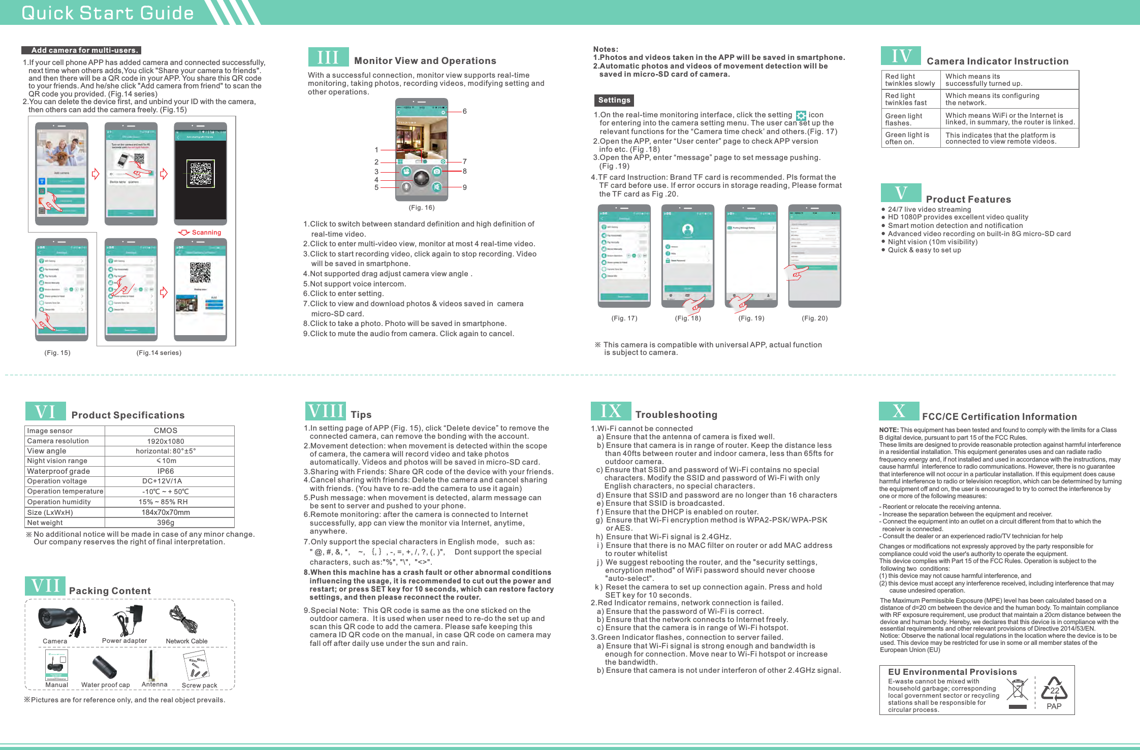 Quick Start GuideAdd camera for multi-users.1.. (Fig.14 series)2.You can delete the device first, and unbind your ID with the camera,    then others can add the camera freely. (Fig.15)If your cell phone APP has added camera and connected successfully,    next time when others adds,You click &quot;Share your camera to friends&quot;.   and then there will be a QR code in your APP. You share this QR code   to your friends. And he/she click &quot;Add camera from friend&quot; to scan the    QR code you providedWith a successful connection, monitor view supports real-time monitoring, taking photos, recording videos, modifying setting and other operations.Monitor View and OperationsIII  1.Click to switch between standard definition and high definition of     real-time video.2.Click to enter multi-video view, monitor at most 4 real-time video.3.Click to start recording video, click again to stop recording. Video     will be saved in smartphone.4. drag adjust camera view angle .5.Not support voice intercom.6.Click to enter setting.7.Click to view and download photos &amp; videos saved in  camera     micro-SD card.8.Click to take a photo. Photo will be saved in smartphone.9.Click to mute the audio from camera. Click again to cancel.Not supported   (Fig. 16) Notes: 1.Photos and videos taken in the APP will be saved in smartphone.2.Automatic photos and videos of movement detection will be    saved in micro-SD card of camera.Settings※ This camera is compatible with universal  , actual function      is subject to camera.APP(Fig. 17)  (Fig. 18)  (Fig. 19) 2.Open the APP, enter “User center” page to check   version   info etc. (Fig .18)3.Open the APP, enter “message” page to set message pushing.    (Fig .19)APP1.On the real-time monitoring interface, click the setting        icon    for entering into the camera setting menu. The user can set up the    relevant functions for the “Camera time check’ and others.(Fig. 17)  Camera Indicator InstructionRed light twinkles slowlyWhich means its successfully turned up. Red light twinkles fastWhich means its configuring the network. Green light flashes.Which means WiFi or the Internet is linked, in summary, the router is linked.Green light is often on.This indicates that the platform is connected to view remote videos. IV  Product Features24/7 live video streamingHD 1080P provides excellent video qualitySmart motion detection and notificationAdvanced video recording on built-in 8G micro-SD cardNight vision (10m visibility)Quick &amp; easy to set up Product SpecificationsImage sensor                                       CMOS Camera resolution   View angle                                    horizontal: 80°±5  °Night vision range                               ≤10mWaterproof grade                                 IP66 Operation voltage                             DC+12V/1A※No additional notice will be made in case of any minor change. Our company reserves the right of final interpretation.1920x1080Operation humidity                         15% ~ 85% RHSize (LxWxH)                   Net weight                             Operation temperature -10℃ ~ + 50℃ 396gV 184x70x70mmV I  Packing Content Manual ※Pictures are for reference only, and the real object prevails.  Camera Antenna Power adapterVII  Water proof cap  Screw pack Network Cable TipsVII  I1.In setting page of APP (Fig. 15), click “Delete device” to remove the    connected camera, can remove the bonding with the account. 2.Movement detection: when movement is detected within the scope    of camera, the camera will record video and take photos    automatically. Videos and photos will be saved in micro-SD card.9.Special Note:  This QR code is same as the one sticked on the    outdoor camera.  It is used when user need to re-do the set up and    scan this QR code to add the camera. Please safe keeping this    camera ID QR code on the manual, in case QR code on camera may    fall off after daily use under the sun and rain. 8.When this machine has a crash fault or other abnormal conditions    influencing the usage, it is recommended to cut out the power and    restart; or press SET key for 10 seconds, which can restore factory   settings, and then please reconnect the router.5.Push message: when movement is detected, alarm message can    be sent to server and pushed to your phone.6.Remote monitoring: after the camera is connected to Internet    successfully, app can view the monitor via Internet, anytime,    anywhere. 3.Sharing with Friends: Share QR code of the device with your friends.4.Cancel sharing with friends: Delete the camera and cancel sharing    with friends. (You have to re-add the camera to use it again)  TroubleshootingIX 1.Wi-Fi cannot be connected   a) Ensure that the antenna of camera is fixed well.   b) Ensure that camera is in range of router. Keep the distance less        than 40fts between router and indoor camera, less than 65fts for        outdoor camera.            h)  Ensure that Wi-Fi signal is 2.4GHz.   i )  Ensure that there is no MAC filter on router or add MAC address        to router whitelist   2.Red Indicator remains, network connection is failed.   a) Ensure that the password of Wi-Fi is correct.   b) Ensure that the network connects to Internet freely.   c) Ensure that the camera is in range of Wi-Fi hotspot.3.Green Indicator flashes, connection to server failed.   a) Ensure that Wi-Fi signal is strong enough and bandwidth is        enough for connection. Move near to Wi-Fi hotspot or increase        the bandwidth.   b) Ensure that camera is not under interferon of other 2.4GHz signal.c) Ensure that SSID and password of Wi-Fi contains no special     characters. Modify the SSID and password of Wi-Fi with only     English characters, no special characters.g)  Ensure that Wi-Fi encryption method is WPA2-PSK/WPA-PSK      or AES.d) Ensure that SSID and password are no longer than 16 characterse) Ensure that SSID is broadcasted.f ) Ensure that the DHCP is enabled on router. j )  We suggest rebooting the router, and the &quot;security settings,      encryption method&quot; of WiFi password should never choose      &quot;auto-select&quot;.k)  Reset the camera to set up connection again. Press and hold      SET key for 10 seconds. FCC/CE Certification InformationX The Maximum Permissible Exposure (MPE) level has been calculated based on a distance of d=20 cm between the device and the human body. To maintain compliance with RF exposure requirement, use product that maintain a 20cm distance between the device and human body. Hereby, we declares that this device is in compliance with the essential requirements and other relevant provisions of Directive 2014/53/EN.Notice: Observe the national local regulations in the location where the device is to be used. This device may be restricted for use in some or all member states of the European Union (EU)NOTE: This equipment has been tested and found to comply with the limits for a Class B digital device, pursuant to part 15 of the FCC Rules. These limits are designed to provide reasonable protection against harmful interference in a residential installation. This equipment generates uses and can radiate radio frequency energy and, if not installed and used in accordance with the instructions, may cause harmful  interference to radio communications. However, there is no guaranteethat interference will not occur in a particular installation. If this equipment does cause harmful interference to radio or television reception, which can be determined by turning the equipment off and on, the user is encouraged to try to correct the interference by one or more of the following measures:EU Environmental ProvisionsE-waste cannot be mixed with household garbage; corresponding local government sector or recycling stations shall be responsible for circular process.7.Only support the special characters in English mode,   such as:    &quot; @, #, &amp;, *,    ~, ｛, ｝, -, =, +, /, ?, (, )&quot;,    Dont support the special    characters, such as:&quot;%&quot;, &quot;\&quot;,  &quot;&lt;&gt;&quot;. (Fig. 15)   (Fig.14 series)Scanning- Reorient or relocate the receiving antenna.- Increase the separation between the equipment and receiver.- Connect the equipment into an outlet on a circuit different from that to which the   receiver is connected.- Consult the dealer or an experienced radio/TV technician for helpChanges or modifications not expressly approved by the party responsible for compliance could void the user&apos;s authority to operate the equipment. This device complies with Part 15 of the FCC Rules. Operation is subject to the  following two  conditions:(1) this device may not cause harmful interference, and(2) this device must accept any interference received, including interference that may       cause undesired operation.7896345124.TF card Instruction: Brand TF card is recommended. Pls format the     TF card before use. If error occurs in storage reading, Please format     the TF card as Fig .20.(Fig. 20) 