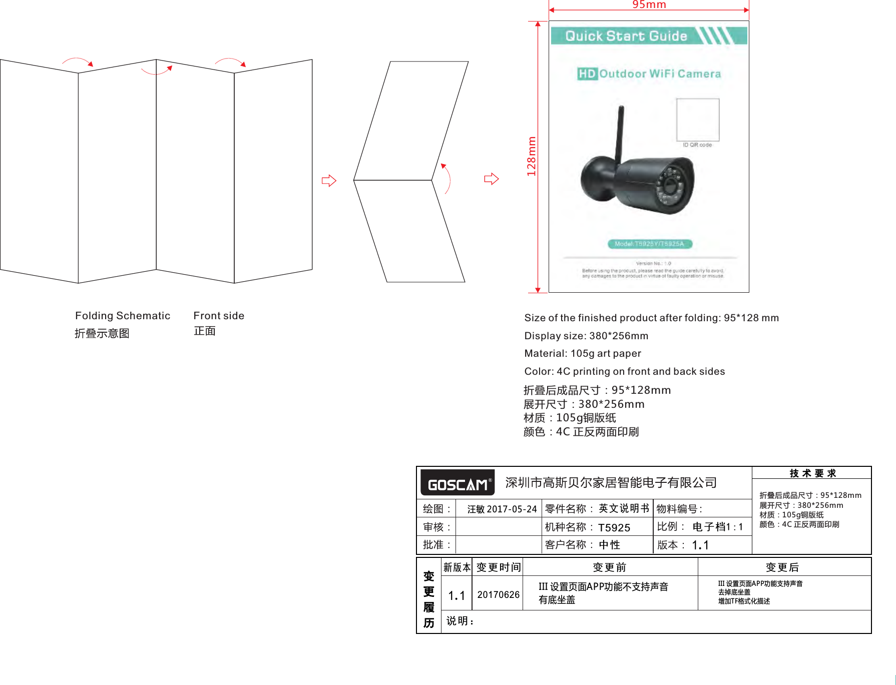 T5925中性汪敏 2017-05-24电子档1:1英文说明书新版本变更时间 变更前1.1变更后说明：折叠后成品尺寸：95*128mm展开尺寸：380*256mm材质：105g铜版纸颜色：4C 正反两面印刷95mm128mmFolding Schematic        Front side Size of the finished product after folding: 95*128 mmDisplay size: 380*256mmMaterial: 105g art paperColor: 4C printing on front and back sides折叠后成品尺寸：95*128mm展开尺寸：380*256mm材质：105g铜版纸颜色：4C 正反两面印刷1.120170626 III 设置页面APP功能不支持声音 III 设置页面APP功能支持声音有底坐盖 去掉底坐盖增加TF格式化描述