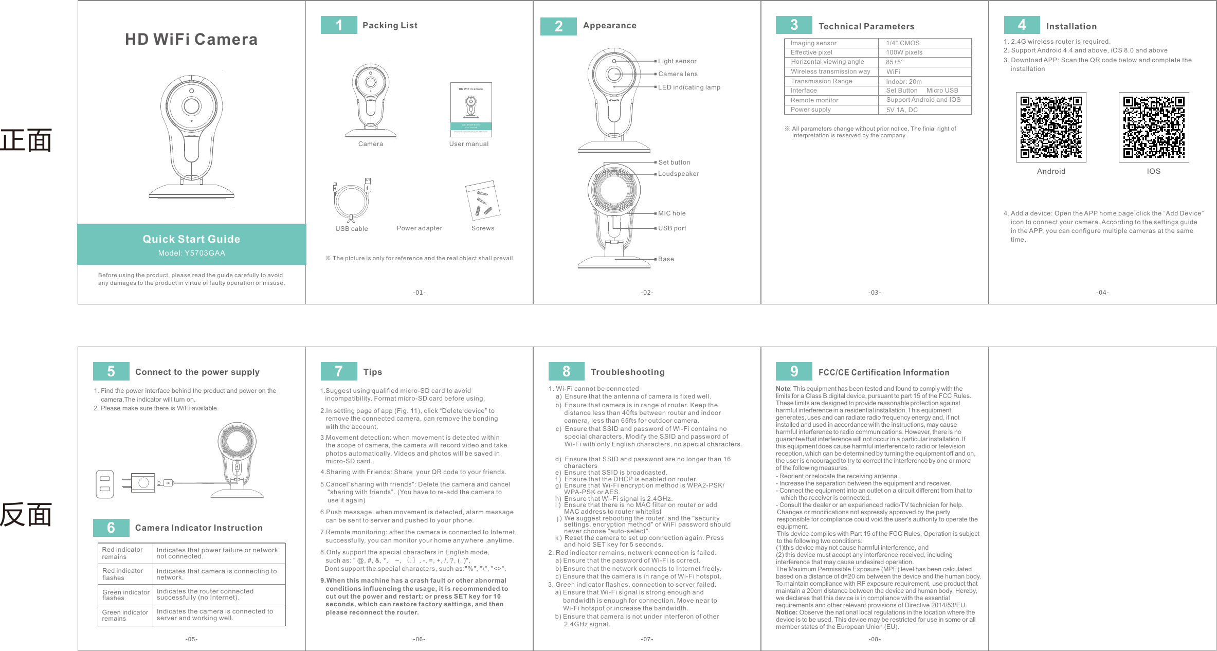HD WiFi Camera   Model: Y5703GAABefore using the product, please read the guide carefully to avoidany damages to the product in virtue of faulty operation or misuse.-03-Quick Start Guide※All parameters change without prior notice, The finial right of      interpretation is reserved by the company.-04--07- Troubleshooting-06- 2. In setting page of app (Fig. 11), click “Delete device” to    remove the connected camera, can remove the bonding    with the account.  Tips6. Push message: when movement is detected, alarm message    can be sent to server and pushed to your phone.9.When this machine has a crash fault or other abnormal    conditions influencing the usage, it is recommended to    cut out the power and restart; or press SET key for 10    seconds, which can restore factory settings, and then    please reconnect the router.1. Suggest using qualified micro-SD card to avoid    incompatibility. Format micro-SD card before using.5. Cancel&quot;sharing with friends&quot;: Delete the camera and cancel    &quot;sharing with friends&quot;. (You have to re-add the camera to     use it again) 8.Only support the special characters in English mode,   such as: &quot; @, #, &amp;, *,    ~, ｛, ｝, -, =, +, /, ?, (, )&quot;, Dont support the special characters, such as:&quot;%&quot;, &quot;\&quot;, &quot;&lt;&gt;&quot;. -08-FCC/CE Certification Information(1)this device may not cause harmful interference, and (2) this device must accept any interference received, including interference that may cause undesired operation.The Maximum Permissible Exposure (MPE) level has been calculated based on a distance of d=20 cm between the device and the human body. To maintain compliance with RF exposure requirement, use product that maintain a 20cm distance between the device and human body. Hereby, we declares that this device is in compliance with the essential requirements and other relevant provisions of Directive 2014/53/EU.Notice: Observe the national local regulations in the location where the device is to be used. This device may be restricted for use in some or all member states of the European Union (EU).- Reorient or relocate the receiving antenna.- Increase the separation between the equipment and receiver.- Connect the equipment into an outlet on a circuit different from that to    which the receiver is connected.- Consult the dealer or an experienced radio/TV technician for help.Changes or modifications not expressly approved by the party responsible for compliance could void the user&apos;s authority to operate the equipment. This device complies with Part 15 of the FCC Rules. Operation is subject to the following two conditions:Note: This equipment has been tested and found to comply with the limits for a Class B digital device, pursuant to part 15 of the FCC Rules. These limits are designed to provide reasonable protection against harmful interference in a residential installation. This equipment generates, uses and can radiate radio frequency energy and, if not installed and used in accordance with the instructions, may cause harmful interference to radio communications. However, there is no guarantee that interference will not occur in a particular installation. If this equipment does cause harmful interference to radio or television reception, which can be determined by turning the equipment off and on, the user is encouraged to try to correct the interference by one or more of the following measures:-02-1. 2.4G wireless router is required. 2. Support Android 4.4 and above, iOS 8.0 and above     3. Download APP: Scan the QR code below and complete the     installation4. Add a device: Open the APP home page.click the “Add Device”     icon to connect your camera. According to the settings guide     in the APP, you can configure multiple cameras at the same     time.1. Find the power interface behind the product and power on the     camera,The indicator will turn on.2. Please make sure there is WiFi available. Connect to the power supplyCamera Indicator Instruction-05--01-7. Remote monitoring: after the camera is connected to Internet    successfully, you can monitor your home anywhere ,anytime.4. Sharing with Friends: Share  your QR code to your friends. 3. Movement detection: when movement is detected within    the scope of camera, the camera will record video and take    photos automatically. Videos and photos will be saved in    micro-SD card.Indicates that power failure or network not connected.Red indicator remainsRed indicator flashesIndicates that camera is connecting to network.Green indicator flashesIndicates the router connected successfully (no Internet).Green indicator remainsIndicates the camera is connected to server and working well.                 d)   Ensure that SSID and password are no longer than 16          characters    e)   Ensure that SSID is broadcasted.    f )   Ensure that the DHCP is enabled on router.    g)   Ensure that Wi-Fi encryption method is WPA2-PSK/         WPA-PSK or AES.    h)   Ensure that Wi-Fi signal is 2.4GHz.    i )   Ensure that there is no MAC filter on router or add          MAC address to router whitelist     j )   We suggest rebooting the router, and the &quot;security          settings, encryption method&quot; of WiFi password should          never choose &quot;auto-select&quot;.    k )   Reset the camera to set up connection again. Press          and hold SET key for 5 seconds. 2. Red indicator remains, network connection is failed.    a)  Ensure that the password of Wi-Fi is correct.    b)  Ensure that the network connects to Internet freely.    c)  Ensure that the camera is in range of Wi-Fi hotspot.3. Green indicator flashes, connection to server failed.    a)  Ensure that Wi-Fi signal is strong enough and          bandwidth is enough for connection. Move near to          Wi-Fi hotspot or increase the bandwidth.    b)  Ensure that camera is not under interferon of other          2.4GHz signal.    b)   Ensure that camera is in range of router. Keep the          distance less than 40fts between router and indoor          camera, less than 65fts for outdoor camera.             c)   Ensure that SSID and password of Wi-Fi contains no      special characters. Modify the SSID and password of     Wi-Fi with only English characters, no special characters. 1.  Wi-Fi cannot be connected    a)   Ensure that the antenna of camera is fixed well.Imaging sensorEffective pixelHorizontal viewing angleWireless transmission wayTransmission RangeInterfaceRemote monitor1/4&quot;,CMOS100W pixels85±5°WiFiIndoor: 20m Set ButtonSupport Android and IOSPower supply 5V 1A, DC Screws   Power adapter USB cable ※ The picture is only for reference and the real object shall prevail43 Technical ParametersPacking List Appearance Installation21  657 8 9 Camera   User manual HD WiFi C amera   Mode l: T570 3GABBefor e using t he prod uct, pl ease re ad the gu ide car efull y to avoi dany dam ages to t he prod uct in vi rtue of f aulty o perat ion or mi suse.Qui ck Star t GuideLight sensor Camera lensLED indicating lampSet buttonBaseMIC holeUSB portLoudspeaker正面反面IOSAndroidMicro USB