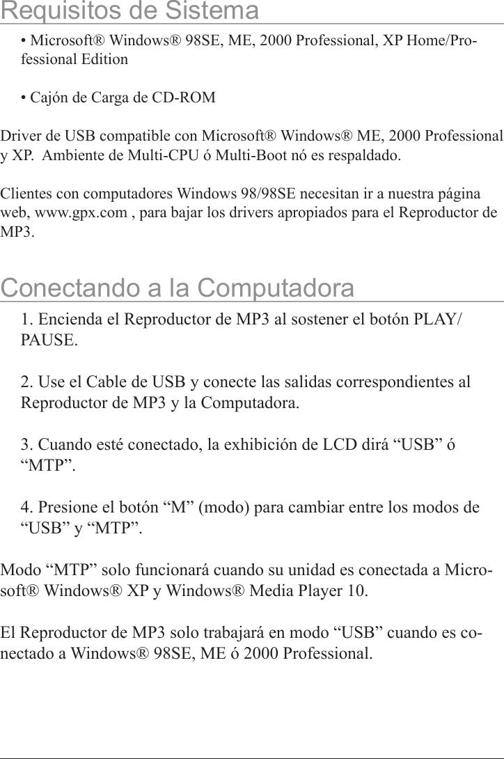 Page 5 of 8 - Gpx Gpx-512Mb-Users-Manual-  Gpx-512mb-users-manual