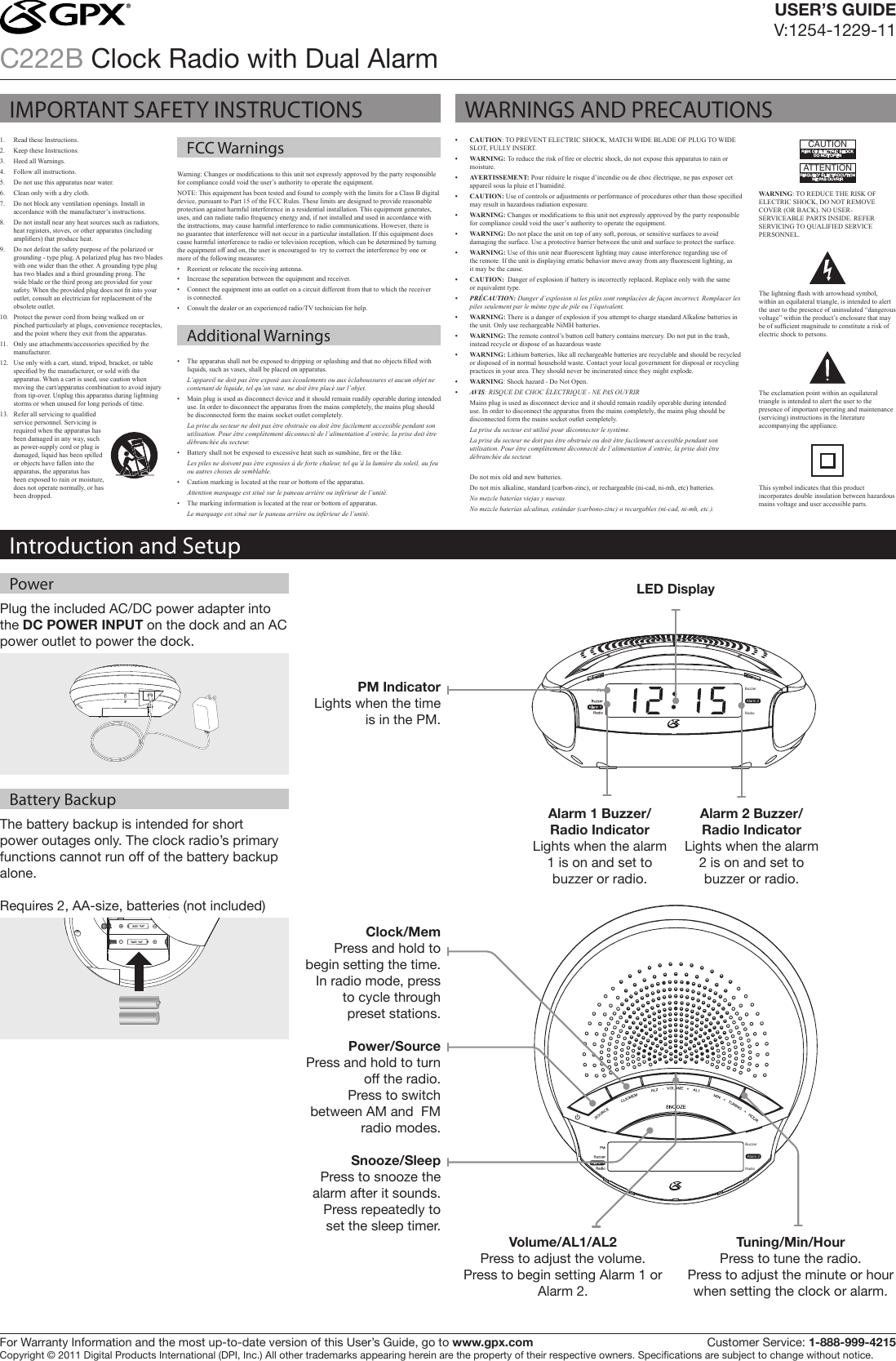 Page 1 of 2 - Gpx Gpx-Gpx-Clock-Radio-C222B-Users-Manual-  Gpx-gpx-clock-radio-c222b-users-manual