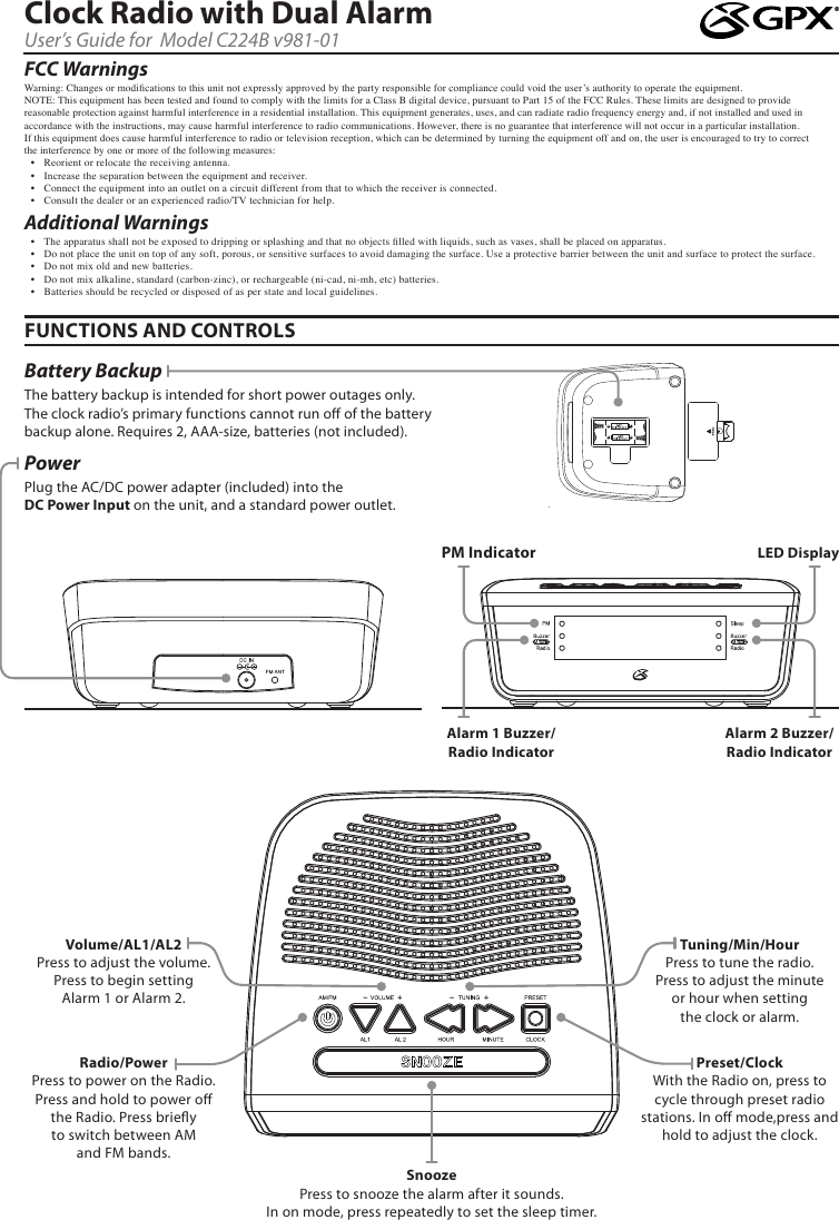 Page 1 of 2 - Gpx Gpx-Gpx-Clock-Radio-C224B-Users-Manual-  Gpx-gpx-clock-radio-c224b-users-manual