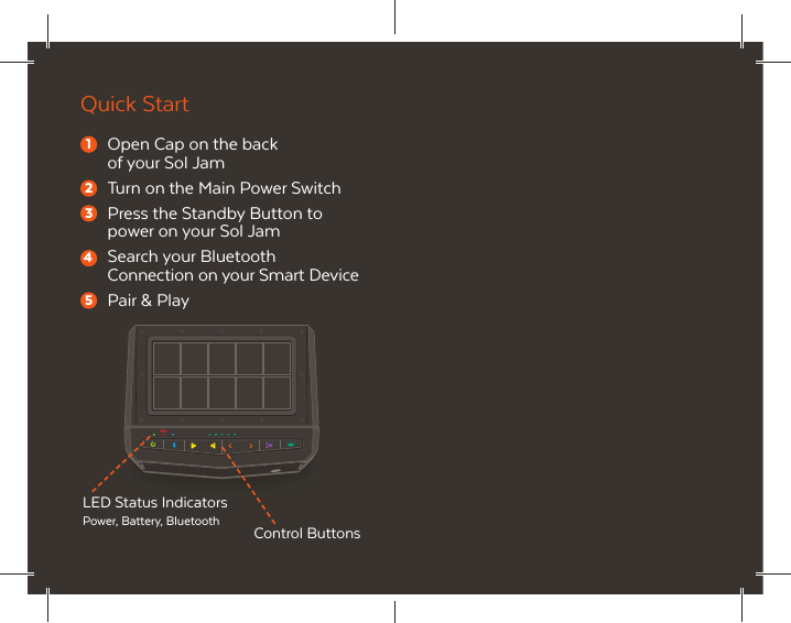 Control ButtonsLED Status IndicatorsPower, Battery, BluetoothQuick StartOpen Cap on the back of your Sol JamTurn on the Main Power SwitchPress the Standby Button to power on your Sol JamSearch your Bluetooth Connection on your Smart DevicePair &amp; Play12345