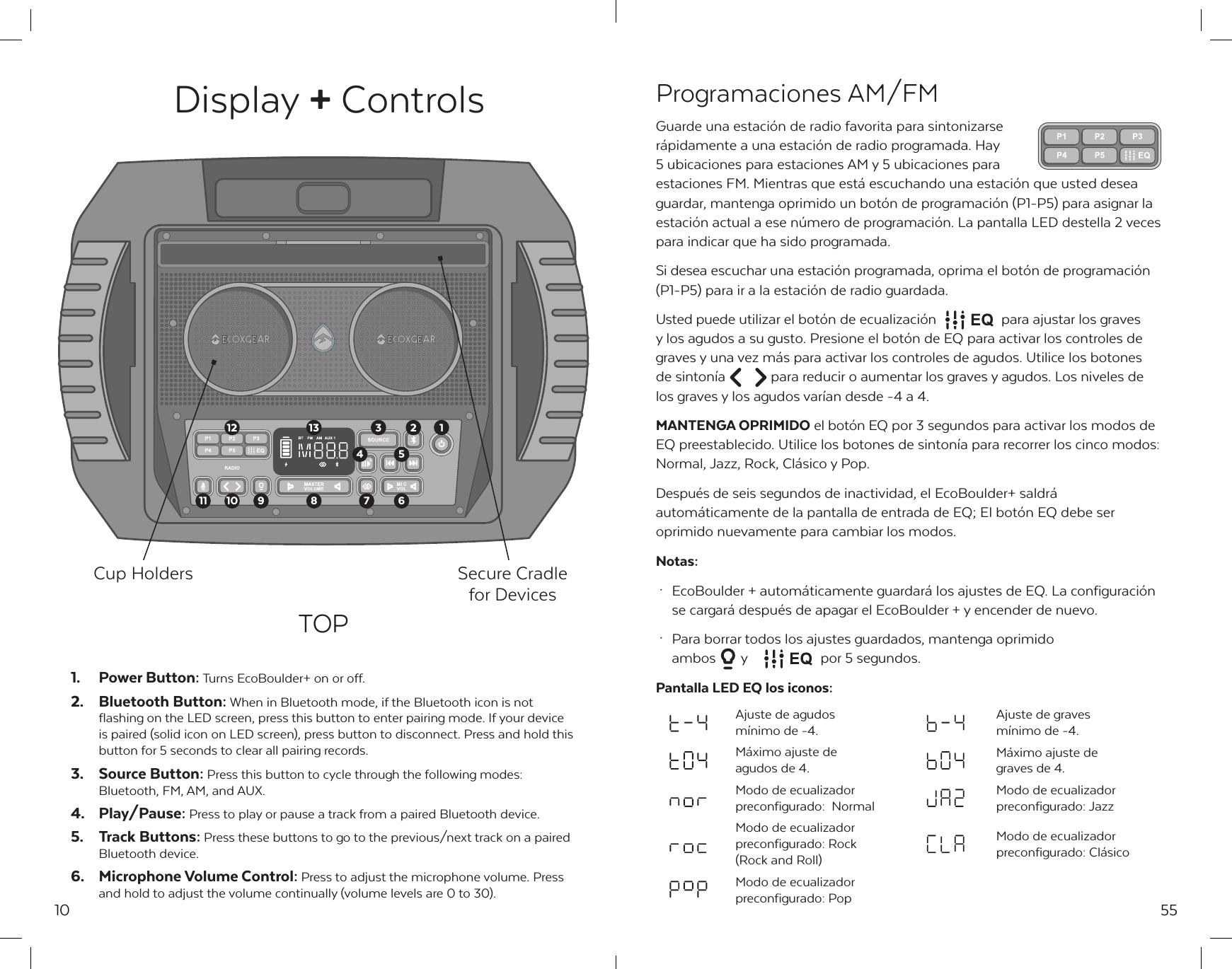 10Display + Controls1.  Power Button: Turns EcoBoulder+ on or off.2.  Bluetooth Button: When in Bluetooth mode, if the Bluetooth icon is not flashing on the LED screen, press this button to enter pairing mode. If your device is paired (solid icon on LED screen), press button to disconnect. Press and hold this button for 5 seconds to clear all pairing records.3.  Source Button: Press this button to cycle through the following modes: Bluetooth, FM, AM, and AUX.4.   Play/Pause: Press to play or pause a track from a paired Bluetooth device.5.  Track Buttons: Press these buttons to go to the previous/next track on a paired Bluetooth device.6.  Microphone Volume Control: Press to adjust the microphone volume. Press and hold to adjust the volume continually (volume levels are 0 to 30).12 13 12347891011 65TOPCup Holders Secure Cradle for Devices55Ajuste de agudos m&iacute;nimo de -4.Ajuste de graves m&iacute;nimo de -4. M&aacute;ximo ajuste de agudos de 4. M&aacute;ximo ajuste de graves de 4.Modo de ecualizador preconfigurado:  NormalModo de ecualizador preconfigurado: JazzModo de ecualizador preconfigurado: Rock (Rock and Roll)Modo de ecualizador preconfigurado: Cl&aacute;sicoModo de ecualizador preconfigurado: PopProgramaciones AM/FMGuarde una estaci&oacute;n de radio favorita para sintonizarse r&aacute;pidamente a una estaci&oacute;n de radio programada. Hay 5 ubicaciones para estaciones AM y 5 ubicaciones para estaciones FM. Mientras que est&aacute; escuchando una estaci&oacute;n que usted desea guardar, mantenga oprimido un bot&oacute;n de programaci&oacute;n (P1-P5) para asignar la estaci&oacute;n actual a ese n&uacute;mero de programaci&oacute;n. La pantalla LED destella 2 veces para indicar que ha sido programada.Si desea escuchar una estaci&oacute;n programada, oprima el bot&oacute;n de programaci&oacute;n (P1-P5) para ir a la estaci&oacute;n de radio guardada.Usted puede utilizar el bot&oacute;n de ecualizaci&oacute;n  para ajustar los graves y los agudos a su gusto. Presione el bot&oacute;n de EQ para activar los controles de graves y una vez m&aacute;s para activar los controles de agudos. Utilice los botones de sinton&iacute;a  para reducir o aumentar los graves y agudos. Los niveles de los graves y los agudos var&iacute;an desde -4 a 4.MANTENGA OPRIMIDO el bot&oacute;n EQ por 3 segundos para activar los modos de EQ preestablecido. Utilice los botones de sinton&iacute;a para recorrer los cinco modos: Normal, Jazz, Rock, Cl&aacute;sico y Pop.Despu&eacute;s de seis segundos de inactividad, el EcoBoulder+ saldr&aacute; autom&aacute;ticamente de la pantalla de entrada de EQ; El bot&oacute;n EQ debe ser oprimido nuevamente para cambiar los modos.Notas: &middot;  EcoBoulder + autom&aacute;ticamente guardar&aacute; los ajustes de EQ. La configuraci&oacute;n   se cargar&aacute; despu&eacute;s de apagar el EcoBoulder + y encender de nuevo.  &middot;  Para borrar todos los ajustes guardados, mantenga oprimido   ambos   y  por 5 segundos.Pantalla LED EQ los iconos: