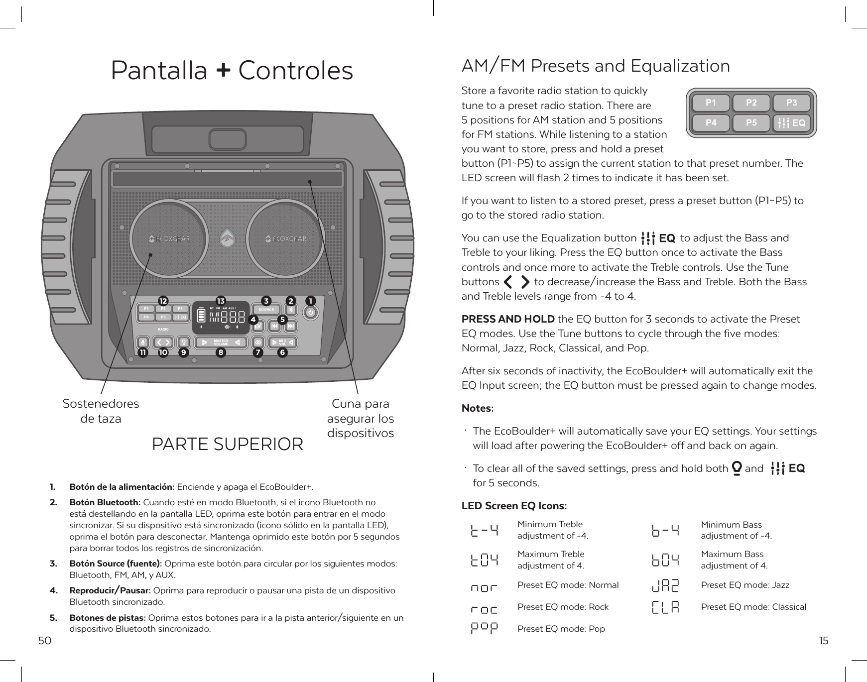 50Pantalla + Controles1.  Bot&oacute;n de la alimentaci&oacute;n: Enciende y apaga el EcoBoulder+.2.  Bot&oacute;n Bluetooth: Cuando est&eacute; en modo Bluetooth, si el icono Bluetooth no est&aacute; destellando en la pantalla LED, oprima este bot&oacute;n para entrar en el modo sincronizar. Si su dispositivo est&aacute; sincronizado (icono s&oacute;lido en la pantalla LED), oprima el bot&oacute;n para desconectar. Mantenga oprimido este bot&oacute;n por 5 segundos para borrar todos los registros de sincronizaci&oacute;n.3.  Bot&oacute;n Source (fuente): Oprima este bot&oacute;n para circular por los siguientes modos: Bluetooth, FM, AM, y AUX.4.   Reproducir/Pausar: Oprima para reproducir o pausar una pista de un dispositivo   Bluetooth sincronizado.5.  Botones de pistas: Oprima estos botones para ir a la pista anterior/siguiente en un dispositivo Bluetooth sincronizado.12 13 12347891011 65PARTE SUPERIORSostenedores de tazaCuna para asegurar los dispositivos15AM/FM Presets and EqualizationStore a favorite radio station to quickly tune to a preset radio station. There are 5 positions for AM station and 5 positions for FM stations. While listening to a station you want to store, press and hold a preset button (P1~P5) to assign the current station to that preset number. The LED screen will flash 2 times to indicate it has been set.If you want to listen to a stored preset, press a preset button (P1~P5) to go to the stored radio station.You can use the Equalization button  to adjust the Bass and Treble to your liking. Press the EQ button once to activate the Bass controls and once more to activate the Treble controls. Use the Tune buttons  to decrease/increase the Bass and Treble. Both the Bass and Treble levels range from -4 to 4.PRESS AND HOLD the EQ button for 3 seconds to activate the Preset EQ modes. Use the Tune buttons to cycle through the five modes: Normal, Jazz, Rock, Classical, and Pop.After six seconds of inactivity, the EcoBoulder+ will automatically exit the EQ Input screen; the EQ button must be pressed again to change modes.Notes: &middot;  The EcoBoulder+ will automatically save your EQ settings. Your settings   will load after powering the EcoBoulder+ off and back on again. &middot;  To clear all of the saved settings, press and hold both  and   for 5 seconds.LED Screen EQ Icons:Minimum Treble adjustment of -4.Minimum Bass adjustment of -4.Maximum Treble adjustment of 4.Maximum Bass adjustment of 4.Preset EQ mode: Normal Preset EQ mode: JazzPreset EQ mode: Rock Preset EQ mode: ClassicalPreset EQ mode: Pop