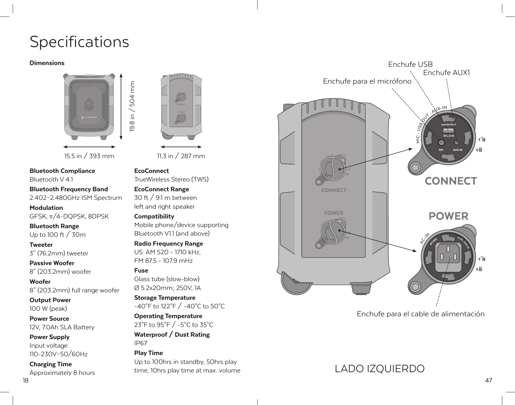 18SpecificationsBluetooth ComplianceBluetooth V 4.1Bluetooth Frequency Band2.402~2.480GHz ISM SpectrumModulationGFSK, &pi;/4-DQPSK, 8DPSKBluetooth RangeUp to 100 ft / 30mTweeter3'' (76.2mm) tweeterPassive Woofer8'' (203.2mm) wooferWoofer8'' (203.2mm) full range wooferOutput Power100 W (peak)Power Source12V, 7.0Ah SLA BatteryPower SupplyInput voltage: 110-230V~50/60HzCharging TimeApproximately 8 hoursEcoConnectTrueWireless Stereo (TWS)EcoConnect Range30 ft / 9.1 m between left and right speakerCompatibilityMobile phone/device supporting Bluetooth V1.1 (and above)Radio Frequency RangeUS: AM 520 - 1710 kHz, FM 87.5 - 107.9 mHzFuseGlass tube (slow-blow)&Oslash; 5.2x20mm; 250V, 1AStorage Temperature-40&deg;F to 122&deg;F / -40&deg;C to 50&deg;COperating Temperature23&deg;F to 95&deg;F / -5&deg;C to 35&deg;CWaterproof / Dust RatingIP67Play TimeUp to 100hrs in standby, 50hrs play time, 10hrs play time at max. volumeDimensions15.5 in / 393 mm19.8 in / 504 mm11.3 in / 287 mm47Enchufe USBEnchufe AUX1Enchufe para el micr&oacute;fonoEnchufe para el cable de alimentaci&oacute;nLADO IZQUIERDO