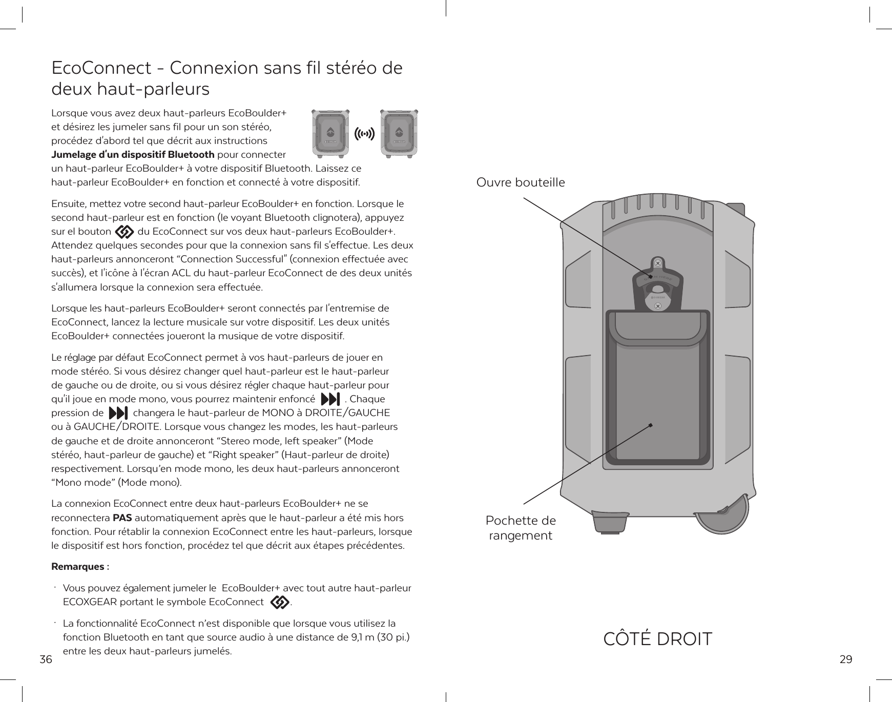 36EcoConnect - Connexion sans fil st&eacute;r&eacute;o de deux haut-parleursLorsque vous avez deux haut-parleurs EcoBoulder+ et d&eacute;sirez les jumeler sans fil pour un son st&eacute;r&eacute;o, proc&eacute;dez d'abord tel que d&eacute;crit aux instructions Jumelage d'un dispositif Bluetooth pour connecter un haut-parleur EcoBoulder+ &agrave; votre dispositif Bluetooth. Laissez ce haut-parleur EcoBoulder+ en fonction et connect&eacute; &agrave; votre dispositif.Ensuite, mettez votre second haut-parleur EcoBoulder+ en fonction. Lorsque le second haut-parleur est en fonction (le voyant Bluetooth clignotera), appuyez sur el bouton  du EcoConnect sur vos deux haut-parleurs EcoBoulder+. Attendez quelques secondes pour que la connexion sans fil s'effectue. Les deux haut-parleurs annonceront &ldquo;Connection Successful" (connexion effectu&eacute;e avec succ&egrave;s), et l'ic&ocirc;ne &agrave; l'&eacute;cran ACL du haut-parleur EcoConnect de des deux unit&eacute;s s'allumera lorsque la connexion sera effectu&eacute;e.Lorsque les haut-parleurs EcoBoulder+ seront connect&eacute;s par l'entremise de EcoConnect, lancez la lecture musicale sur votre dispositif. Les deux unit&eacute;s EcoBoulder+ connect&eacute;es joueront la musique de votre dispositif.Le r&eacute;glage par d&eacute;faut EcoConnect permet &agrave; vos haut-parleurs de jouer en mode st&eacute;r&eacute;o. Si vous d&eacute;sirez changer quel haut-parleur est le haut-parleur de gauche ou de droite, ou si vous d&eacute;sirez r&eacute;gler chaque haut-parleur pour qu'il joue en mode mono, vous pourrez maintenir enfonc&eacute;  . Chaque pression de  changera le haut-parleur de MONO &agrave; DROITE/GAUCHE ou &agrave; GAUCHE/DROITE. Lorsque vous changez les modes, les haut-parleurs de gauche et de droite annonceront &ldquo;Stereo mode, left speaker&rdquo; (Mode st&eacute;r&eacute;o, haut-parleur de gauche) et &ldquo;Right speaker&rdquo; (Haut-parleur de droite) respectivement. Lorsqu&rsquo;en mode mono, les deux haut-parleurs annonceront &ldquo;Mono mode&rdquo; (Mode mono).La connexion EcoConnect entre deux haut-parleurs EcoBoulder+ ne se reconnectera PAS automatiquement apr&egrave;s que le haut-parleur a &eacute;t&eacute; mis hors fonction. Pour r&eacute;tablir la connexion EcoConnect entre les haut-parleurs, lorsque le dispositif est hors fonction, proc&eacute;dez tel que d&eacute;crit aux &eacute;tapes pr&eacute;c&eacute;dentes.Remarques : &middot;  Vous pouvez &eacute;galement jumeler le  EcoBoulder+ avec tout autre haut-parleur   ECOXGEAR portant le symbole EcoConnect  . &middot;  La fonctionnalit&eacute; EcoConnect n&rsquo;est disponible que lorsque vous utilisez la   fonction Bluetooth en tant que source audio &agrave; une distance de 9,1 m (30 pi.)   entre les deux haut-parleurs jumel&eacute;s. 29C&Ocirc;T&Eacute; DROITPochette de rangementOuvre bouteille