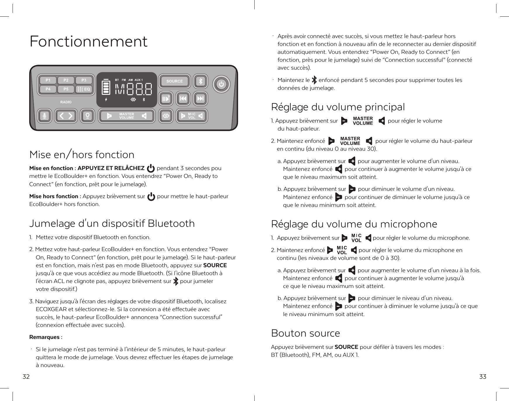 32FonctionnementMise en/hors fonctionMise en fonction : APPUYEZ ET REL&Acirc;CHEZ  pendant 3 secondes pou mettre le EcoBoulder+ en fonction. Vous entendrez &ldquo;Power On, Ready to Connect&rdquo; (en fonction, pr&ecirc;t pour le jumelage).Mise hors fonction : Appuyez bri&egrave;vement sur  pour mettre le haut-parleur EcoBoulder+ hors fonction.Jumelage d'un dispositif Bluetooth 1.  Mettez votre dispositif Bluetooth en fonction. 2. Mettez votre haut-parleur EcoBoulder+ en fonction. Vous entendrez &ldquo;Power   On, Ready to Connect&rdquo; (en fonction, pr&ecirc;t pour le jumelage). Si le haut-parleur   est en fonction, mais n'est pas en mode Bluetooth, appuyez sur SOURCE   jusqu'&agrave; ce que vous acc&eacute;diez au mode Bluetooth. (Si l'ic&ocirc;ne Bluetooth &agrave;   l'&eacute;cran ACL ne clignote pas, appuyez bri&egrave;vement sur  pour jumeler   votre dispositif.)3. Naviguez jusqu'&agrave; l'&eacute;cran des r&eacute;glages de votre dispositif Bluetooth, localisez    ECOXGEAR et s&eacute;lectionnez-le. Si la connexion a &eacute;t&eacute; effectu&eacute;e avec      succ&egrave;s, le haut-parleur EcoBoulder+ annoncera &ldquo;Connection successful"      (connexion effectu&eacute;e avec succ&egrave;s).Remarques : &middot;  Si le jumelage n'est pas termin&eacute; &agrave; l'int&eacute;rieur de 5 minutes, le haut-parleur    quittera le mode de jumelage. Vous devrez effectuer les &eacute;tapes de jumelage   &agrave; nouveau.33 &middot;  Apr&egrave;s avoir connect&eacute; avec succ&egrave;s, si vous mettez le haut-parleur hors      fonction et en fonction &agrave; nouveau afin de le reconnecter au dernier dispositif    automatiquement. Vous entendrez &ldquo;Power On, Ready to Connect&rdquo; (en      fonction, pr&egrave;s pour le jumelage) suivi de &ldquo;Connection successful&rdquo; (connect&eacute;    avec succ&egrave;s). &middot;  Maintenez le  enfonc&eacute; pendant 5 secondes pour supprimer toutes les      donn&eacute;es de jumelage.R&eacute;glage du volume principal1. Appuyez bri&egrave;vement sur  pour r&eacute;gler le volume   du haut-parleur.2. Maintenez enfonc&eacute;  pour r&eacute;gler le volume du haut-parleur   en continu (du niveau 0 au niveau 30).  a. Appuyez bri&egrave;vement sur pour augmenter le volume d'un niveau.   Maintenez enfonc&eacute;  pour continuer &agrave; augmenter le volume jusqu'&agrave; ce    que le niveau maximum soit atteint.  b. Appuyez bri&egrave;vement sur  pour diminuer le volume d'un niveau.    Maintenez enfonc&eacute;  pour continuer de diminuer le volume jusqu'&agrave; ce   que le niveau minimum soit atteint.R&eacute;glage du volume du microphone1.  Appuyez bri&egrave;vement sur  pour r&eacute;gler le volume du microphone.2. Maintenez enfonc&eacute;  pour r&eacute;gler le volume du microphone en      continu (les niveaux de volume sont de 0 &agrave; 30).  a. Appuyez bri&egrave;vement sur  pour augmenter le volume d'un niveau &agrave; la fois.  Maintenez enfonc&eacute;  pour continuer &agrave; augmenter le volume jusqu'&agrave;   ce que le niveau maximum soit atteint.  b. Appuyez bri&egrave;vement sur  pour diminuer le niveau d'un niveau.   Maintenez enfonc&eacute;  pour continuer &agrave; diminuer le volume jusqu'&agrave; ce que    le niveau minimum soit atteint.Bouton sourceAppuyez bri&egrave;vement sur SOURCE pour d&eacute;filer &agrave; travers les modes : BT (Bluetooth), FM, AM, ou AUX 1.
