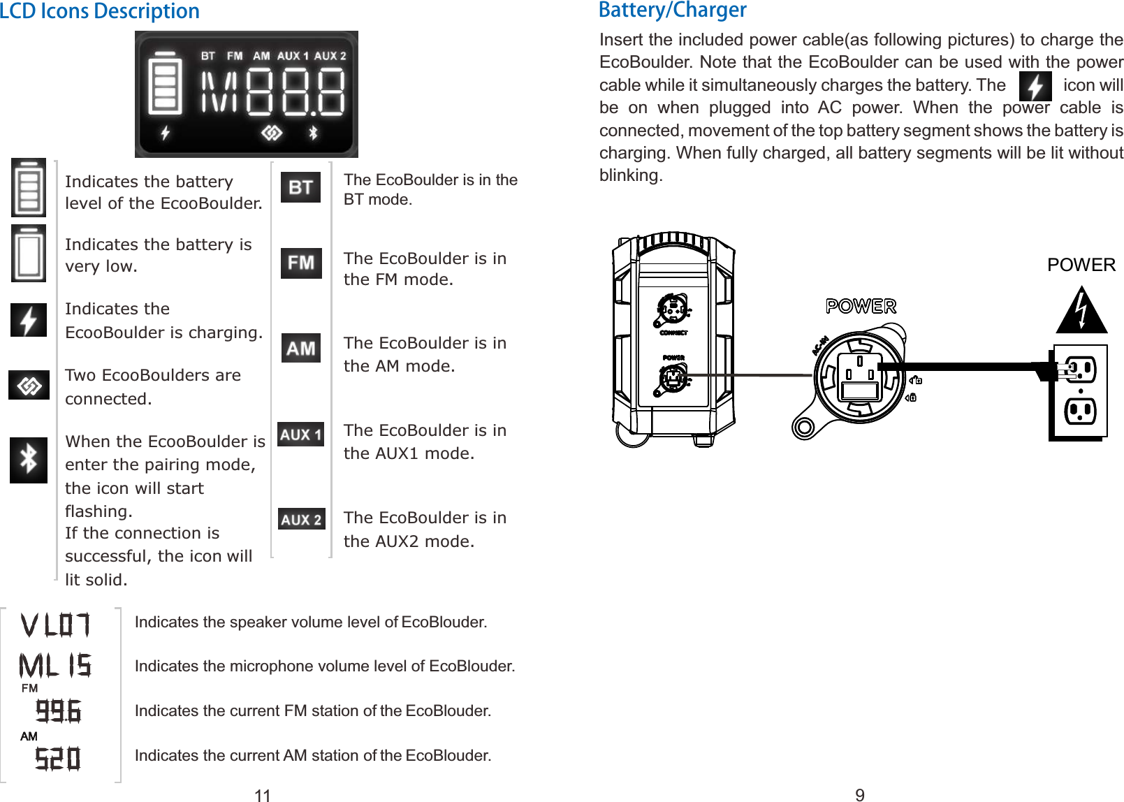 LCD Icons DescriptionThe EcoBoulder is in the BT mode.The EcoBoulder is in the FM mode.The EcoBoulder is in the AM mode.The EcoBoulder is in the AUX1 mode.The EcoBoulder is in the AUX2 mode.Indicates the speaker volume level of EcoBlouder.Indicates the microphone volume level of EcoBlouder.Indicates the current FM station of the EcoBlouder.Indicates the current AM station of the EcoBlouder.Battery/ChargerInsert the included power cable(as following pictures) to charge the EcoBoulder. Note that the EcoBoulder can be used with the power cable while it simultaneously charges the battery. The          icon will be  on  when  plugged  into  AC  power.  When  the  power  cable  is connected, movement of the top battery segment shows the battery is charging. When fully charged, all battery segments will be lit without blinking.Indicates the battery level of the EcooBoulder.Indicates the battery is very low.Indicates the EcooBoulder is charging.Two EcooBoulders are connected.When the EcooBoulder is enter the pairing mode, the icon will start flashing.If the connection is successful, the icon will lit solid. POWER 911