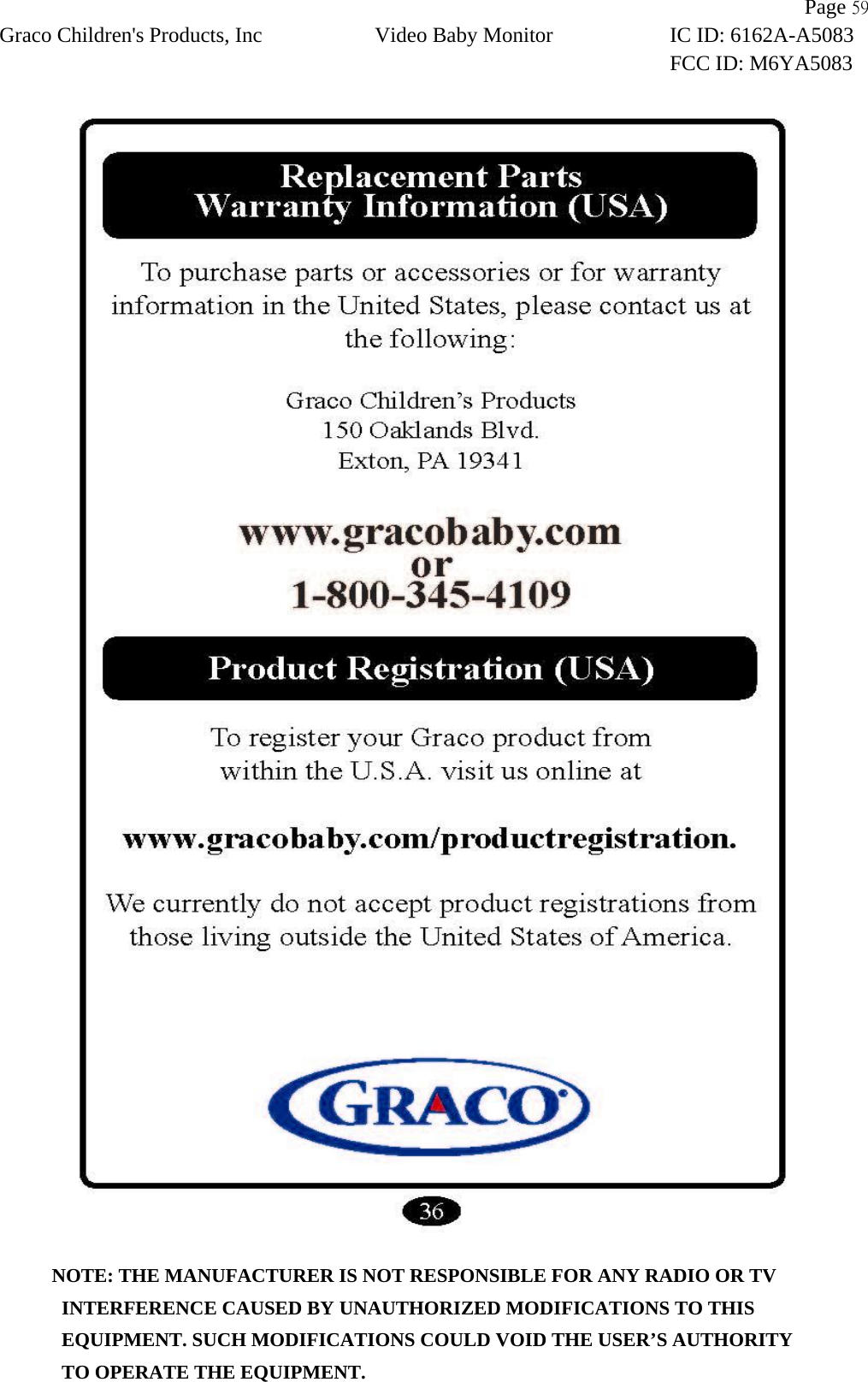                Page 59 Graco Children&apos;s Products, Inc Video Baby Monitor IC ID: 6162A-A5083 FCC ID: M6YA5083    NOTE: THE MANUFACTURER IS NOT RESPONSIBLE FOR ANY RADIO OR TV          INTERFERENCE CAUSED BY UNAUTHORIZED MODIFICATIONS TO THIS             EQUIPMENT. SUCH MODIFICATIONS COULD VOID THE USER’S AUTHORITY          TO OPERATE THE EQUIPMENT.  