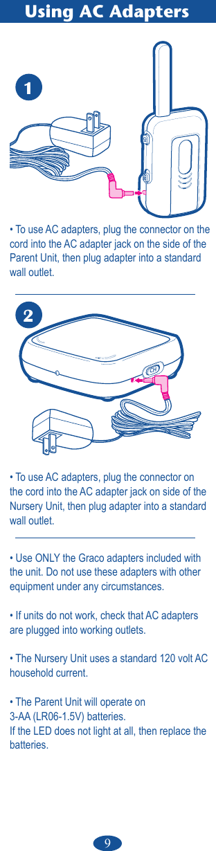 9CHCHVIBE12• To use AC adapters, plug the connector on the cord into the AC adapter jack on the side of the Parent Unit, then plug adapter into a standard wall outlet.• To use AC adapters, plug the connector on the cord into the AC adapter jack on side of the Nursery Unit, then plug adapter into a standard wall outlet.• Use ONLY the Graco adapters included with the unit. Do not use these adapters with other equipment under any circumstances.• If units do not work, check that AC adapters are plugged into working outlets.• The Nursery Unit uses a standard 120 volt AC household current. • The Parent Unit will operate on 3-AA (LR06-1.5V) batteries. If the LED does not light at all, then replace the batteries.Using AC Adapters