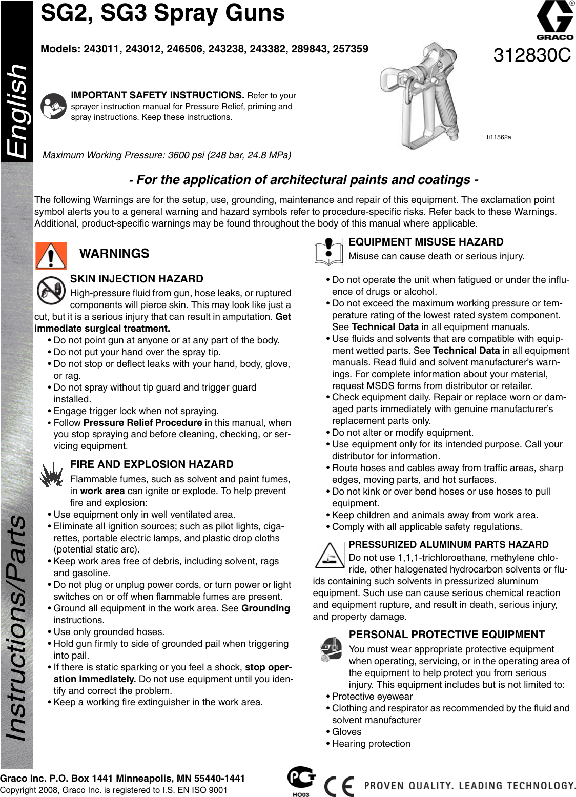Page 1 of 4 - Graco-Inc Graco-Inc-243011-Users-Manual- 312830C SG2, SG3 Spray Guns, Instructions-Parts, English Graco-inc-243011-users-manual