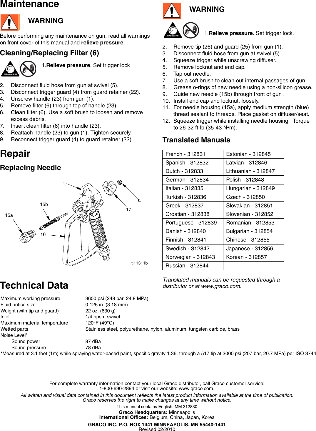 Graco Inc 243011 Users Manual 312830C SG2, SG3 Spray Guns, Instructions