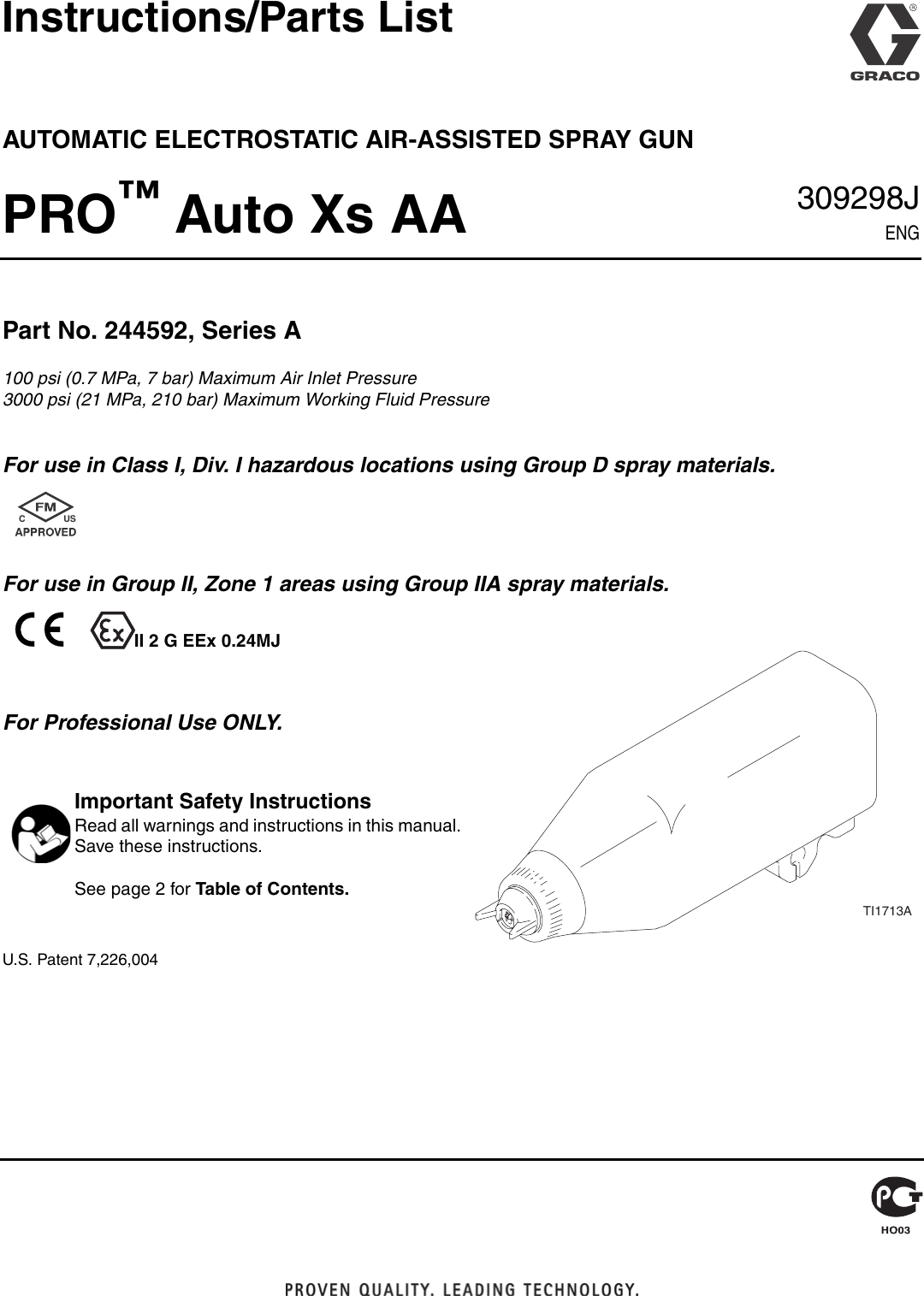 Graco Inc 244592 Users Manual 309298J PRO Auto Xs AA, Automatic Electrostatic Air Assisted Spray