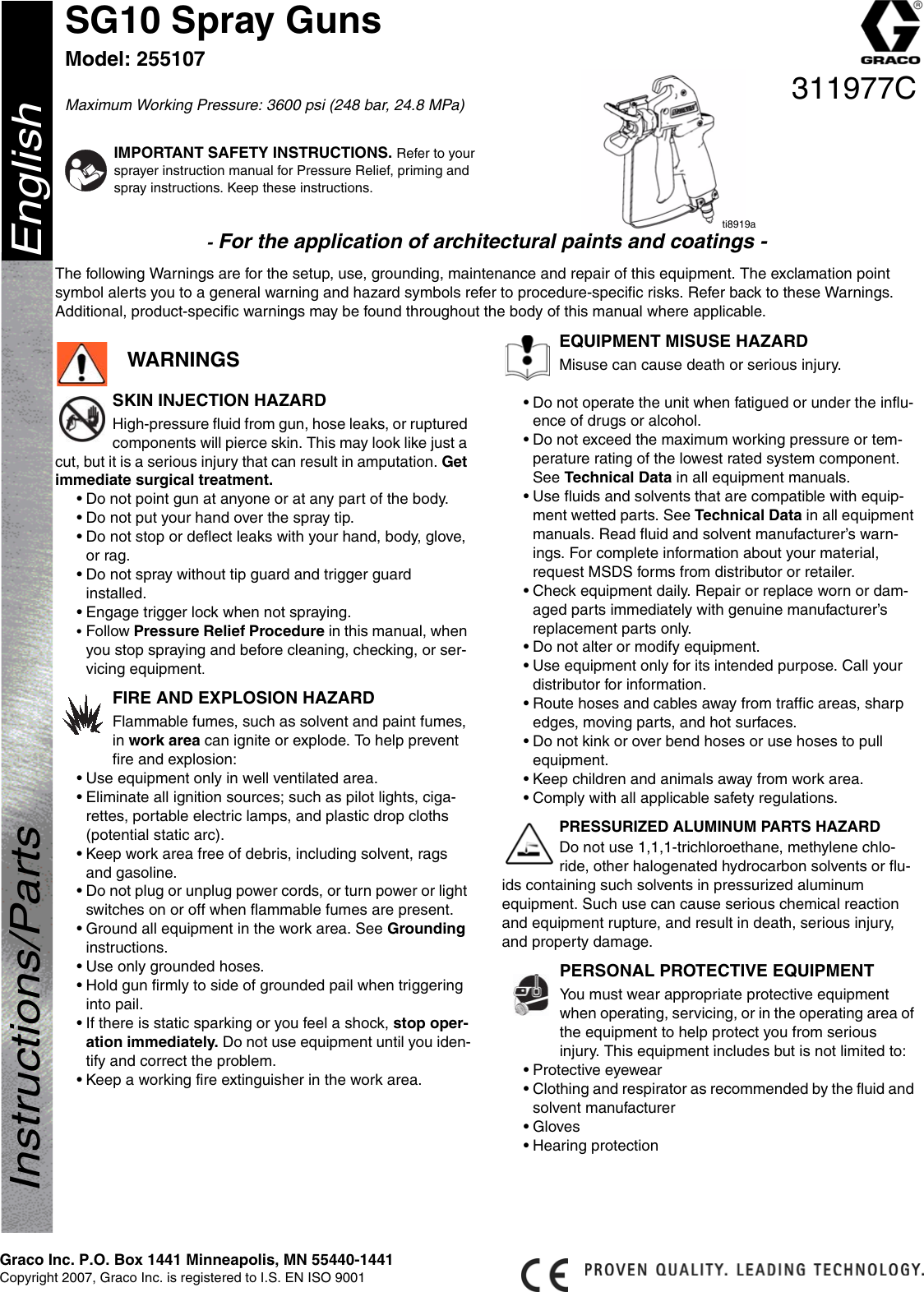 Page 1 of 4 - Graco-Inc Graco-Inc-255107-Users-Manual- 311977C, SG10 Spray Guns, Instructions, Parts, U.S. English  Graco-inc-255107-users-manual