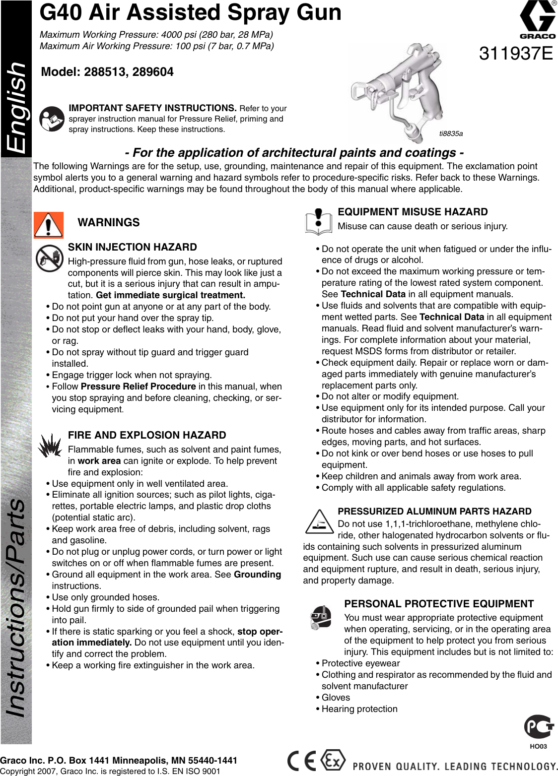 Graco Inc 288513 Users Manual 311937C, G40 Air Assisted Spray Gun