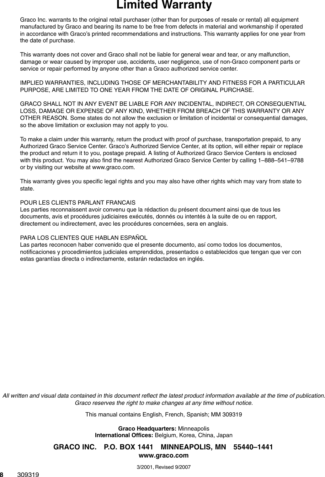 Page 8 of 8 - Graco-Inc Graco-Inc-309319-Users-Manual- 309319E, Pressure Roller, US English, French, And Spanish  Graco-inc-309319-users-manual