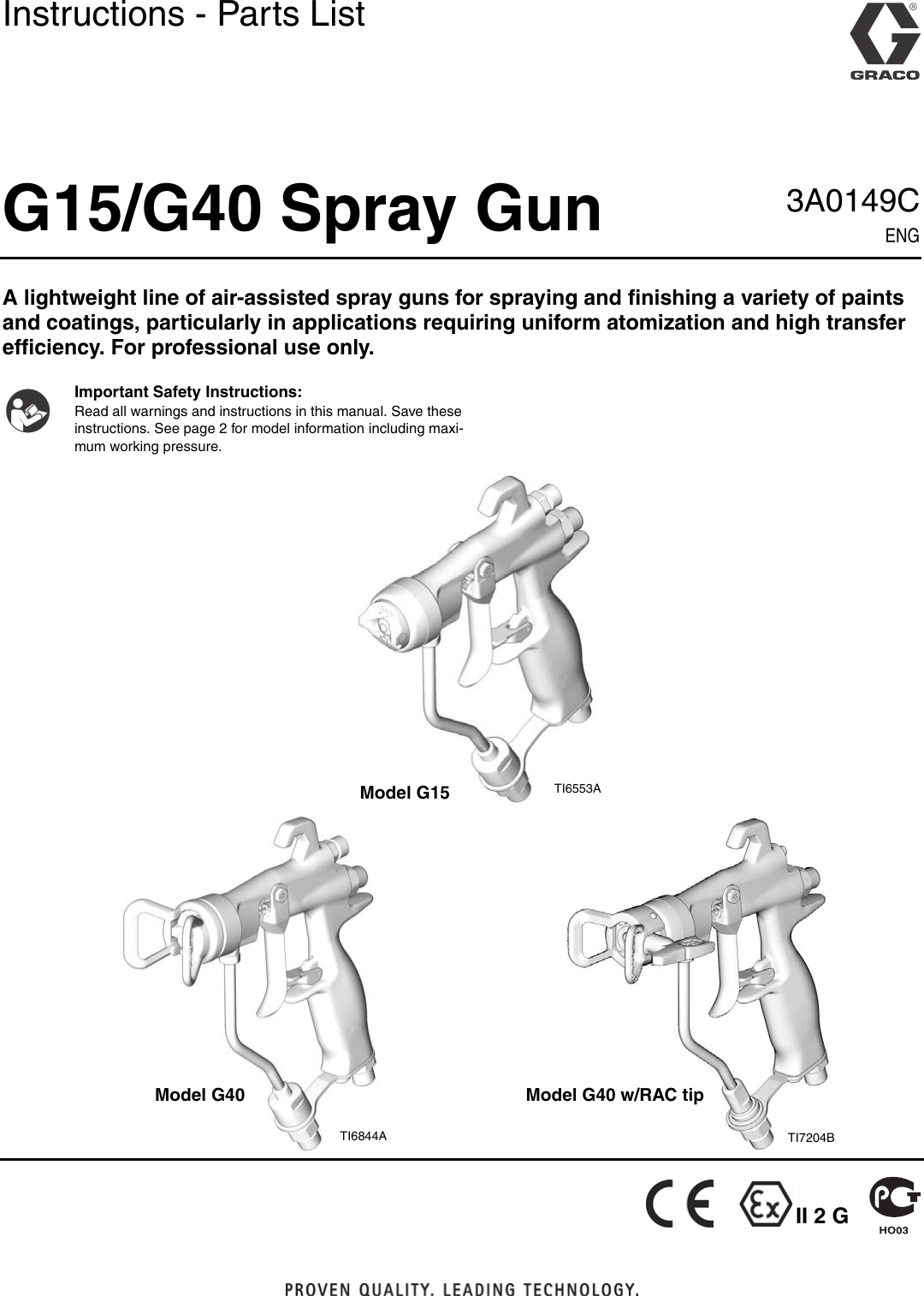 Graco Inc 3A0149C Users Manual G15/G40 Spray Gun, Instructions/Parts